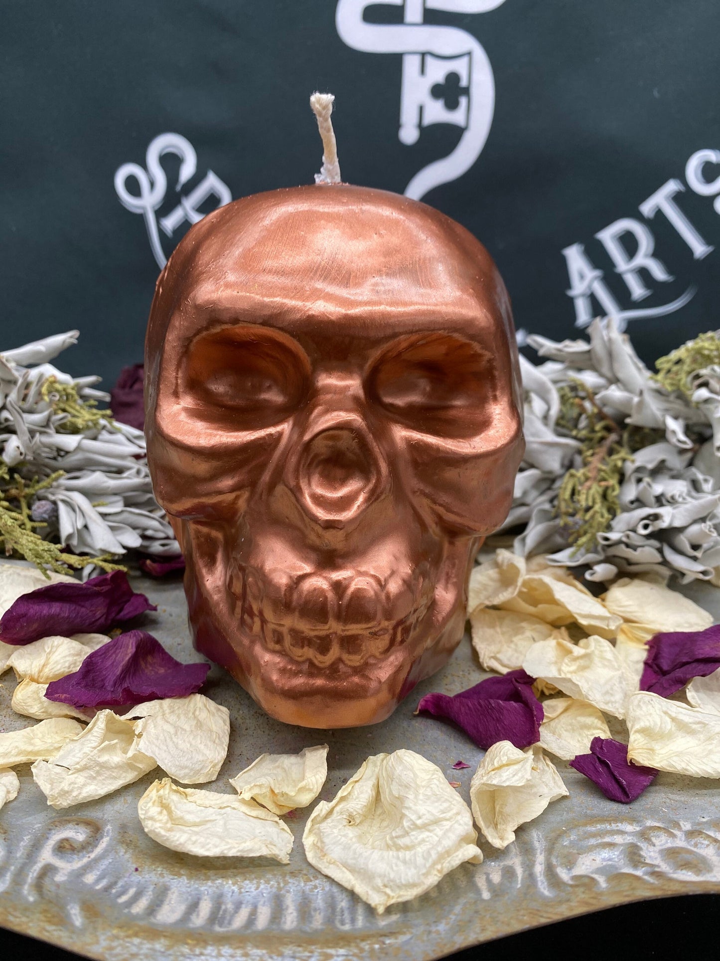 Large Metallic Skull Candle