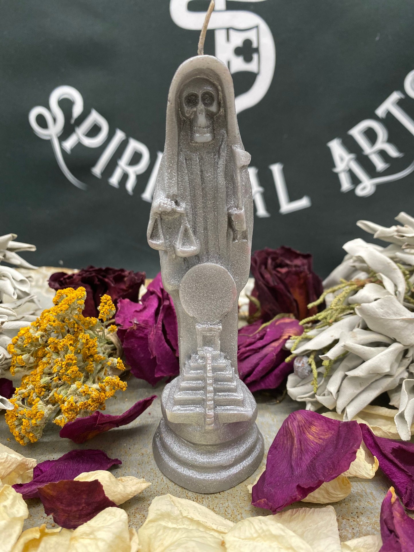 Santa Muerte Plata Figure Candle + Sterling Silver + Improve Finances + Gambling
