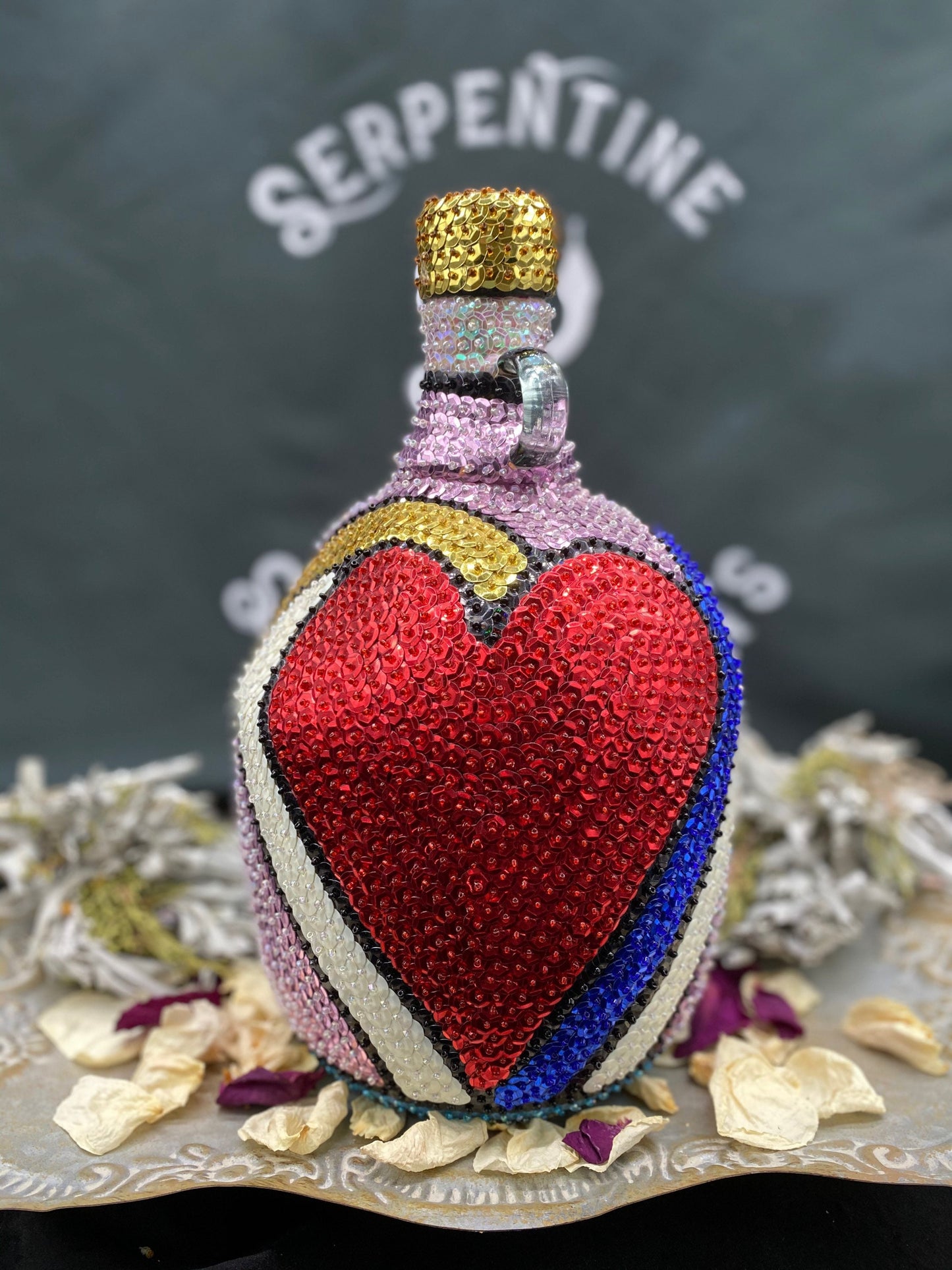 Ezili Freda + Erzulie Freda + Sequined Boutey / Bottle + Made in Haiti + Haitian Spiritual Art + One of a Kind