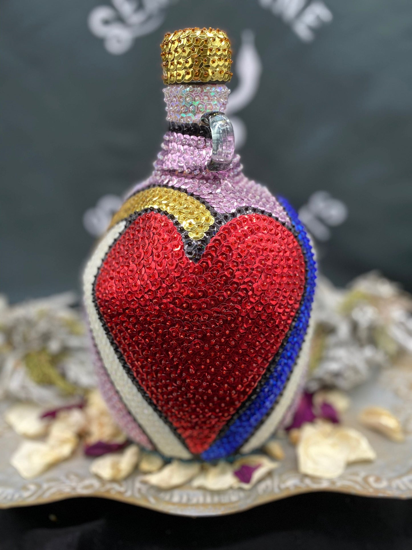 Ezili Freda + Erzulie Freda + Sequined Boutey / Bottle + Made in Haiti + Haitian Spiritual Art + One of a Kind