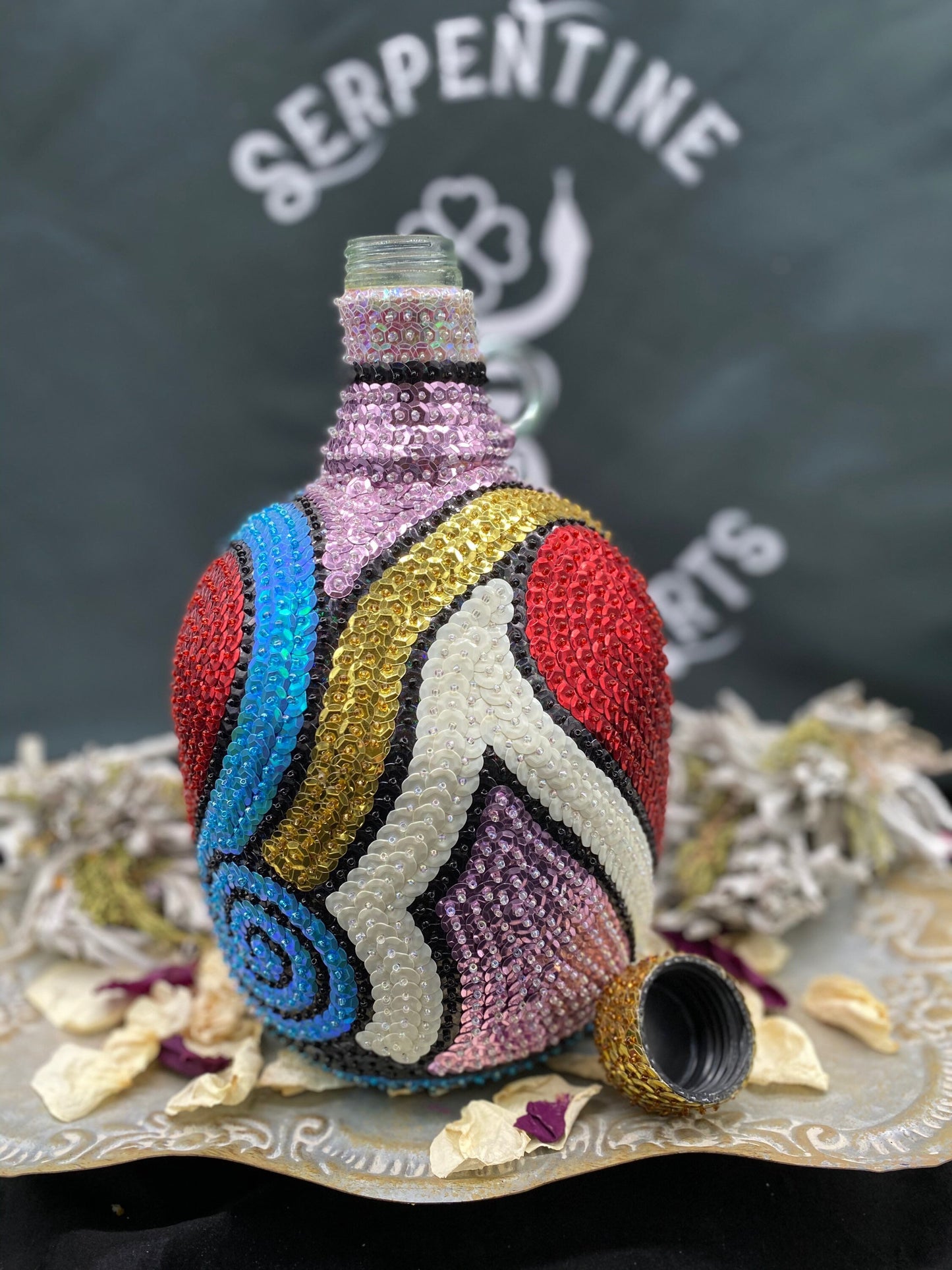 Ezili Freda + Erzulie Freda + Sequined Boutey / Bottle + Made in Haiti + Haitian Spiritual Art + One of a Kind