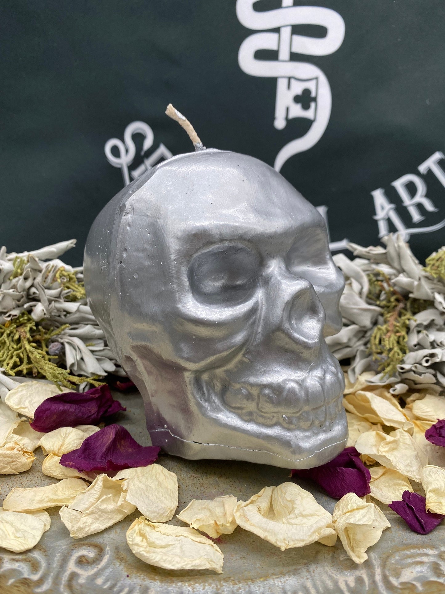 Large Metallic Skull Candle