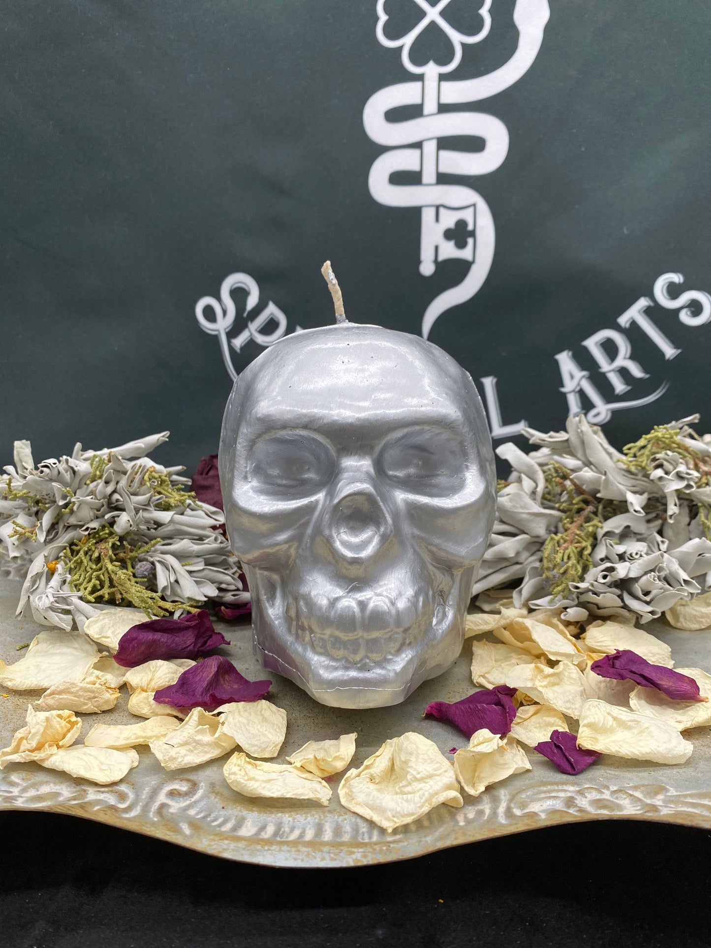 Large Metallic Skull Candle