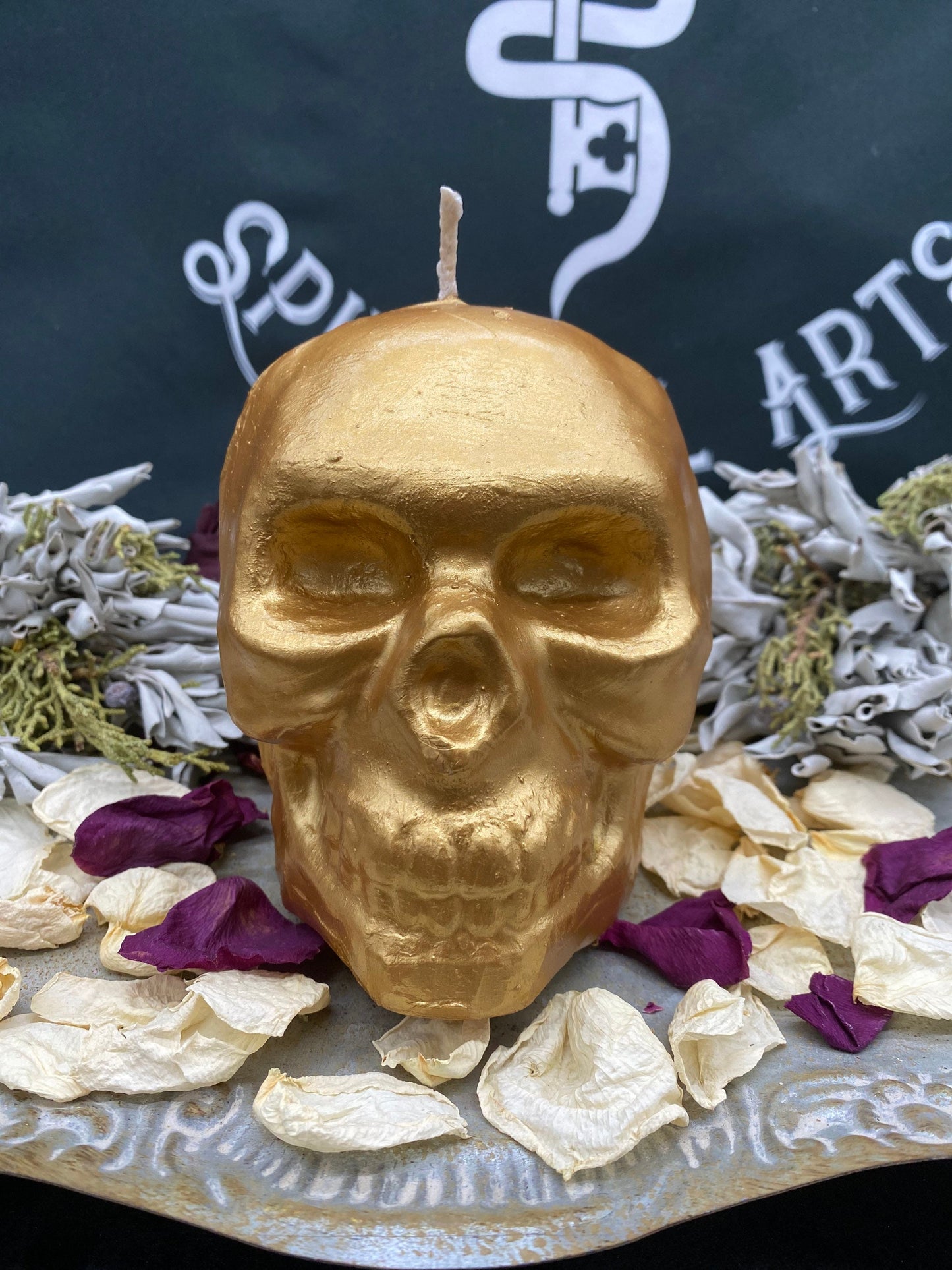 Large Metallic Skull Candle
