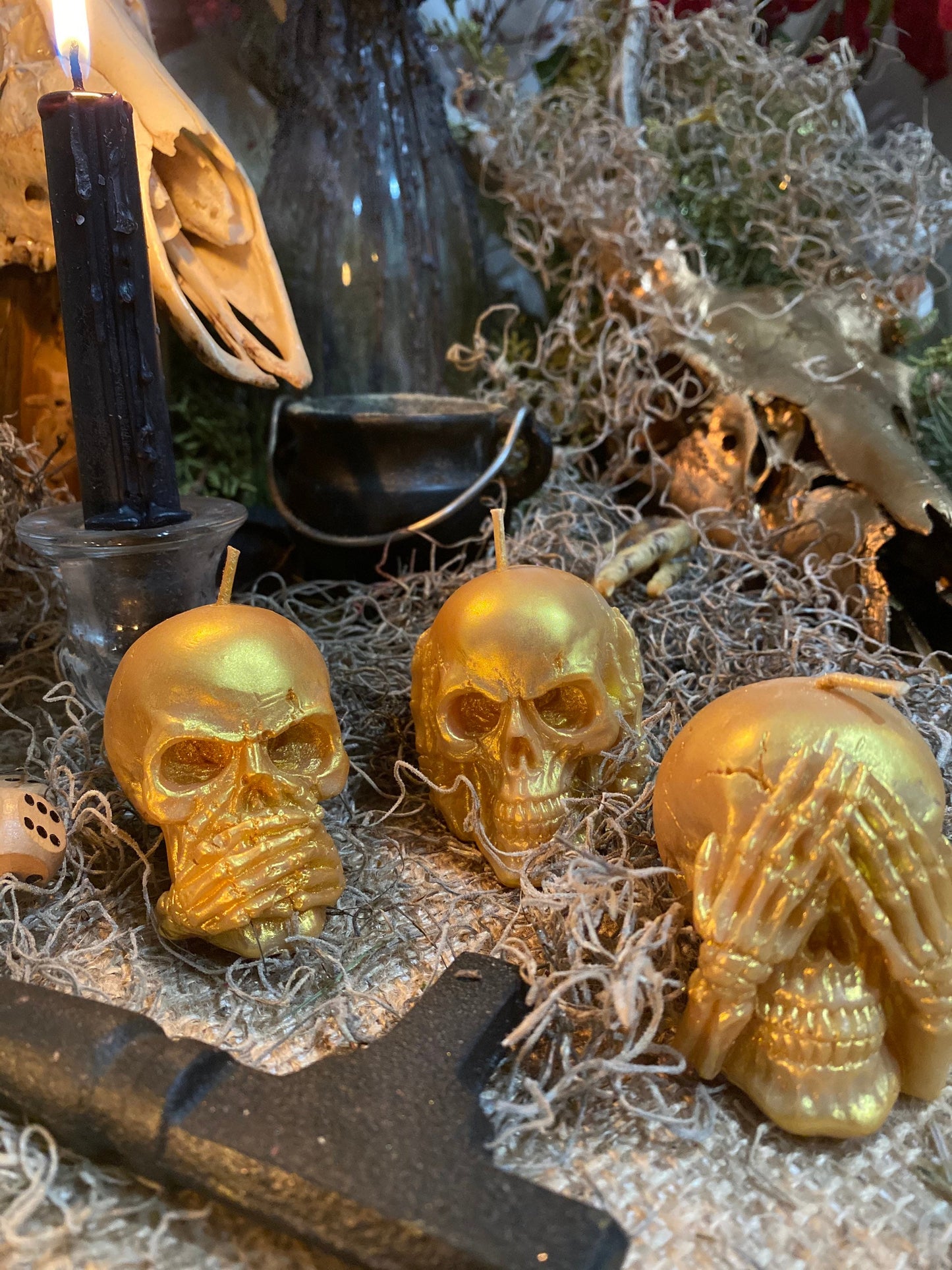 Three Wise Skulls Candle Set + Hear No Evil + See No Evil + Speak No Evil + Stop Jealousy & Gossip + Hide Spells + Santa Muerte