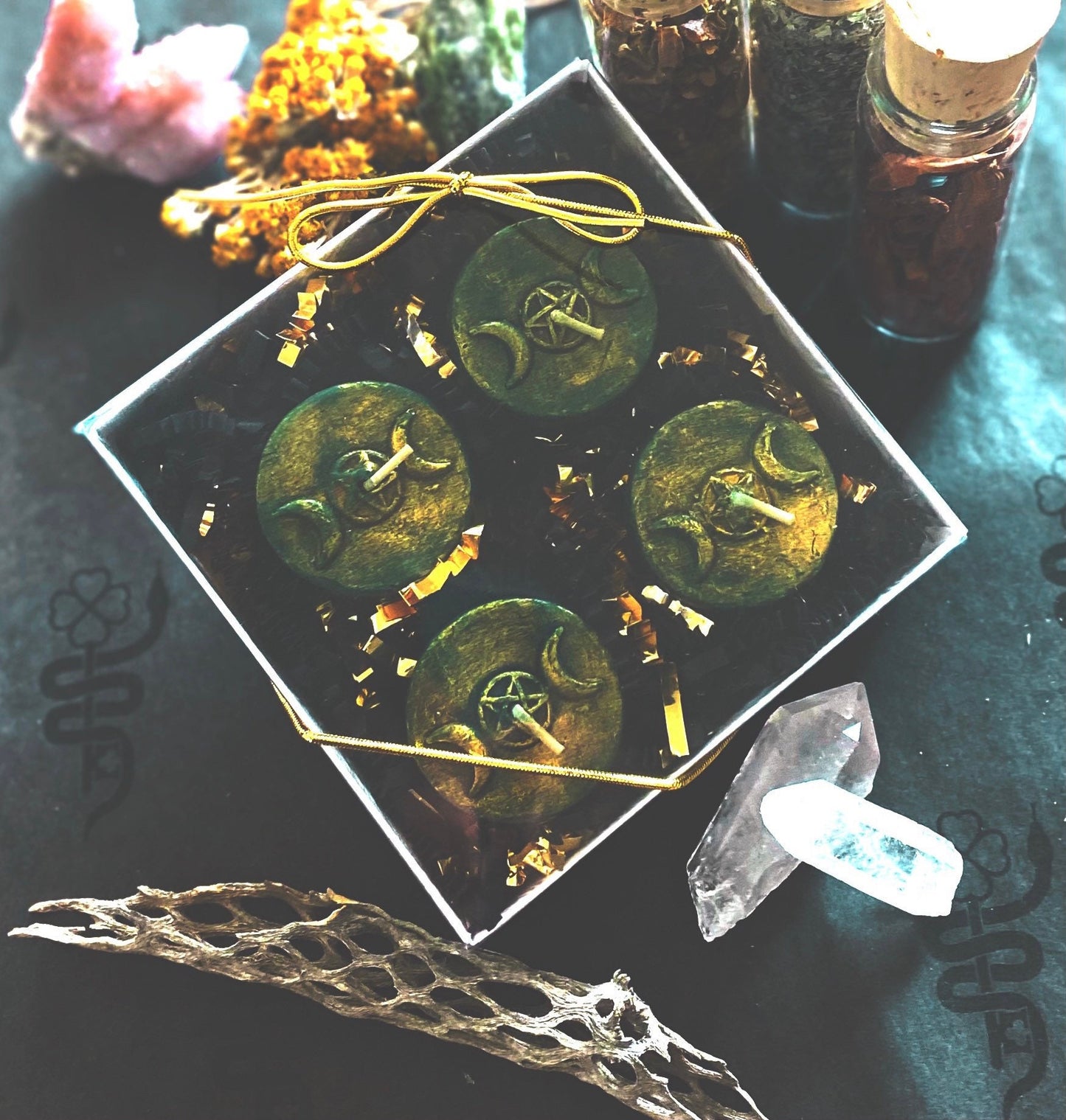 Triple Moon Goddess Pentacle Tealight Candles in Gift Box