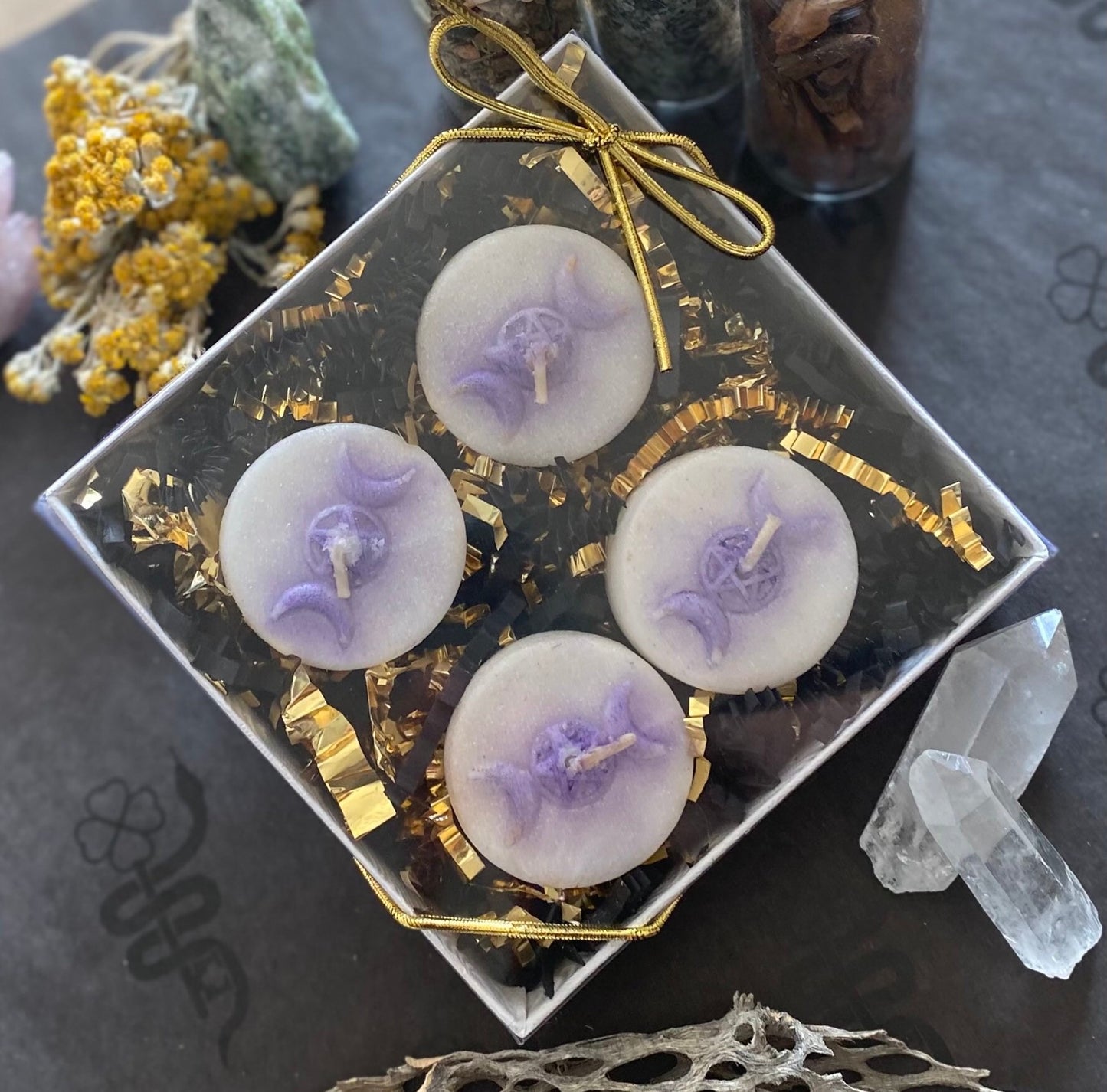 Triple Moon Goddess Pentacle Tealight Candles in Gift Box