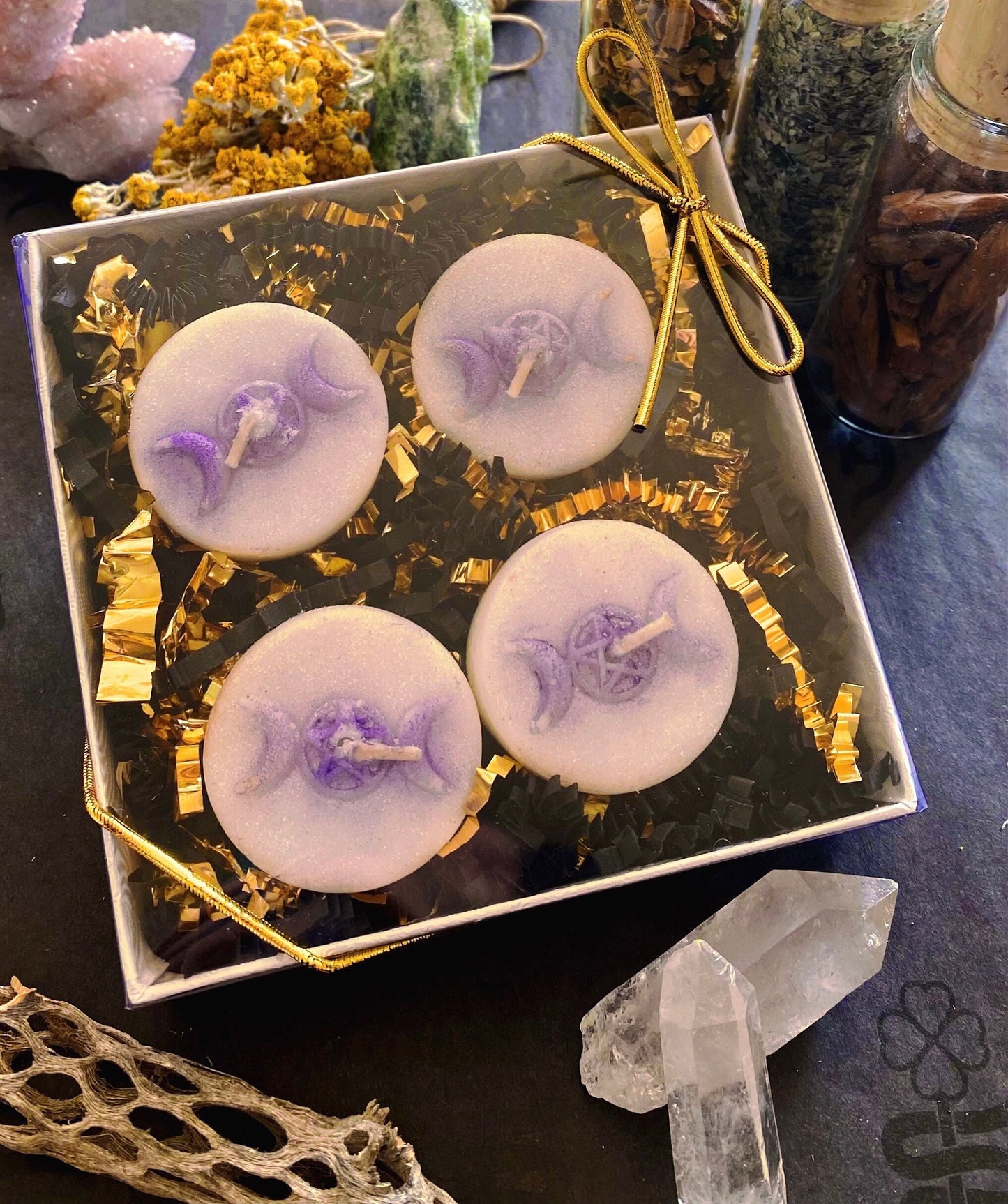 Triple Moon Goddess Pentacle Tealight Candles in Gift Box