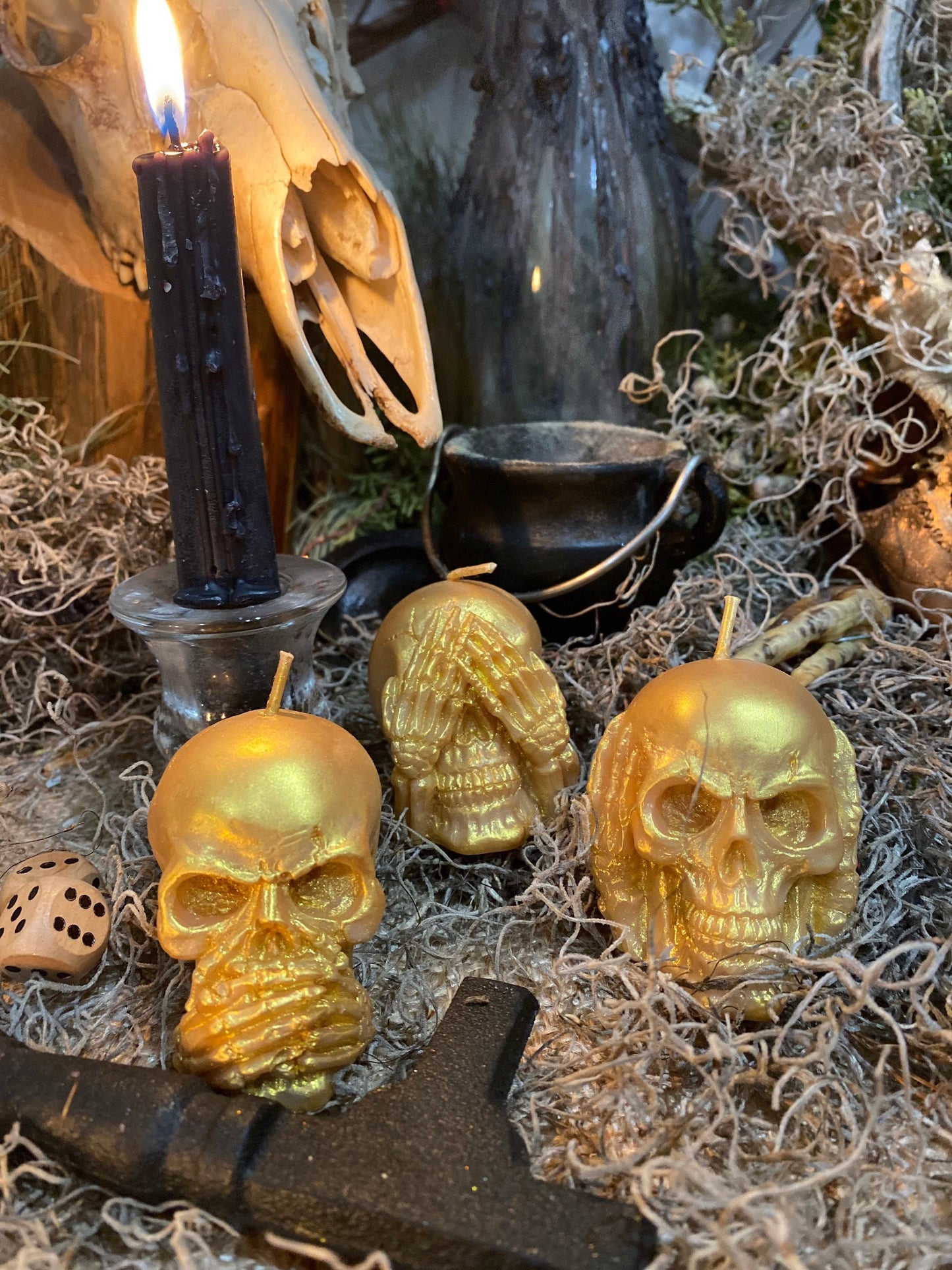Three Wise Skulls Candle Set + Hear No Evil + See No Evil + Speak No Evil + Stop Jealousy & Gossip + Hide Spells + Santa Muerte
