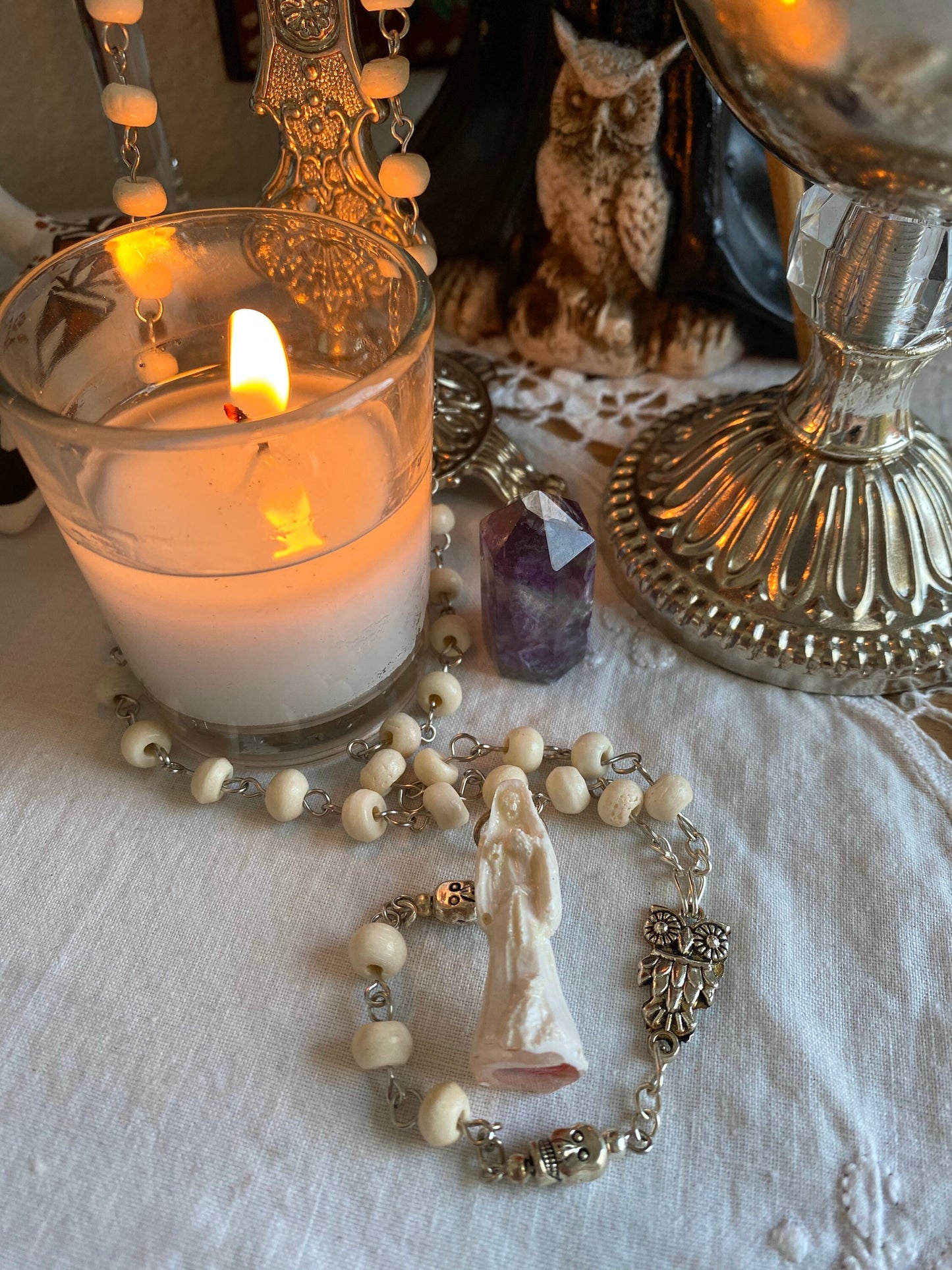 Santa Muerte Blanca Rosary with Bone Beads + Blessed + Sterling Silver Plated Chain + Handcrafted + Rosario