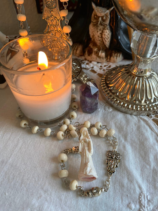 Santa Muerte Blanca Rosary with Bone Beads + Blessed + Sterling Silver Plated Chain + Handcrafted + Rosario
