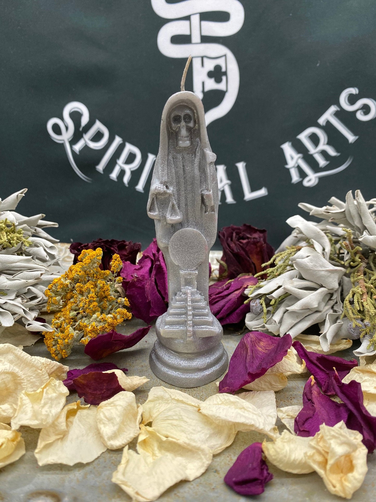 Santa Muerte Plata Figure Candle + Sterling Silver + Improve Finances + Gambling