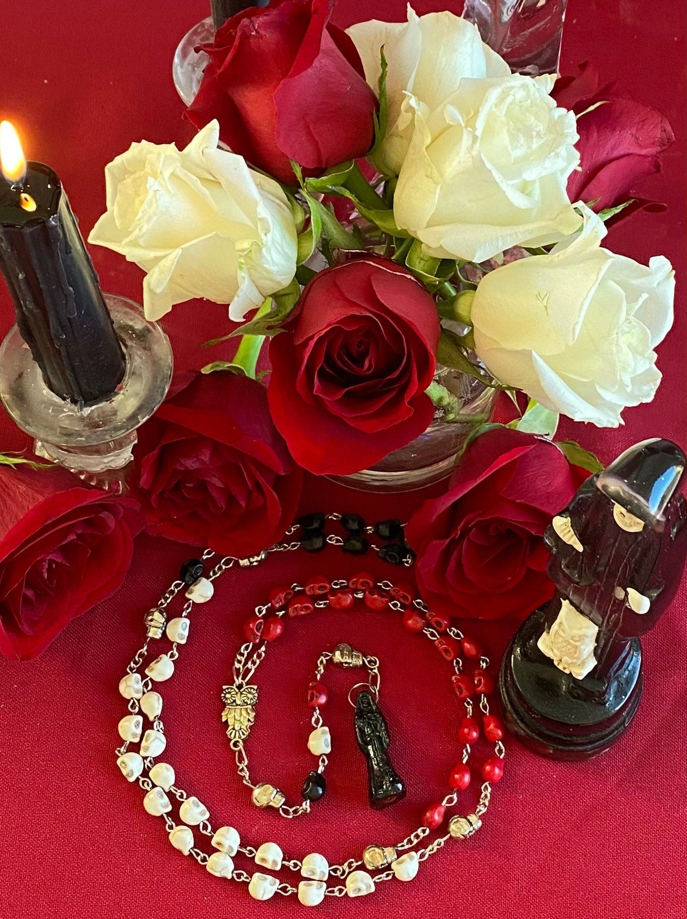 Santa Muerte Negra Rosary + Three Robes + Sterling Silver Plated Chain + Traditional Colors + Blessed + Rosario