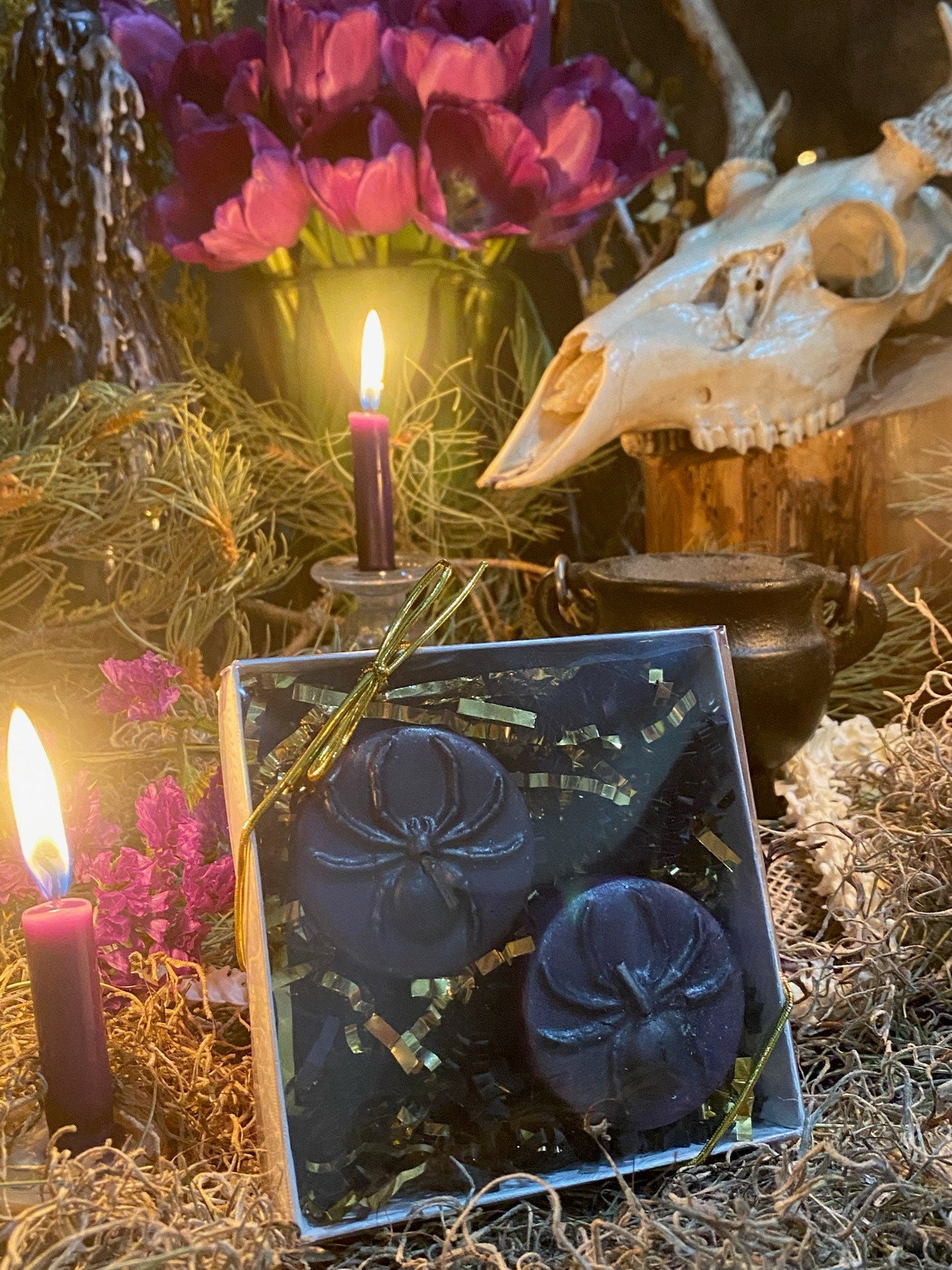 Spider Tealight Candles + Gift Box + Santa Muerte + Samhain + Halloween