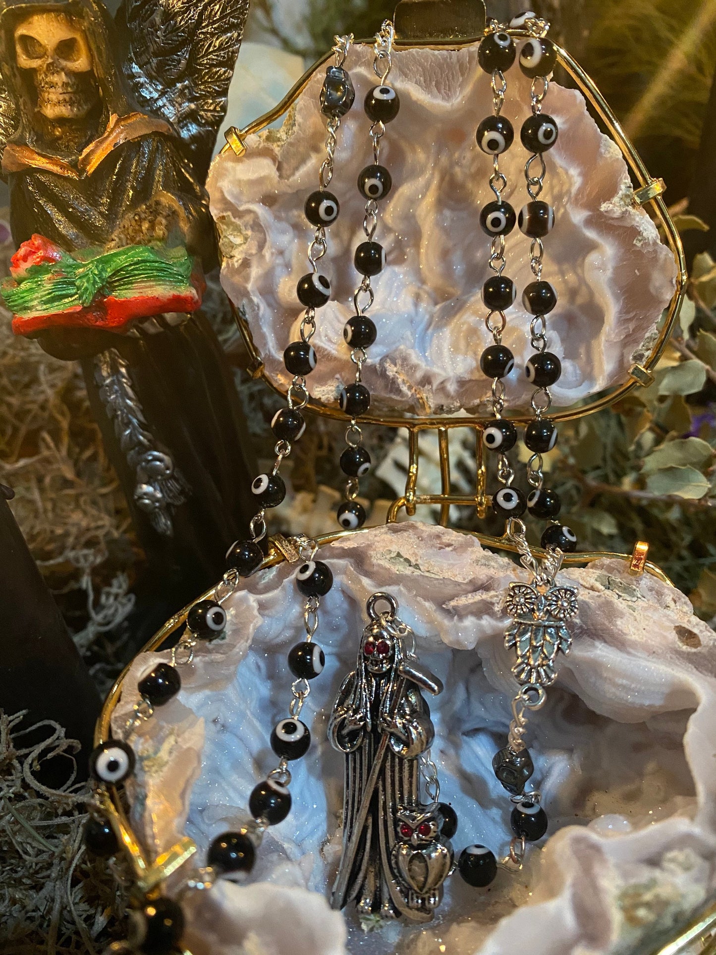 Santa Muerte Negra Evil Eye Rosary + Sterling Silver Plated Chain + Handcrafted + Rosario