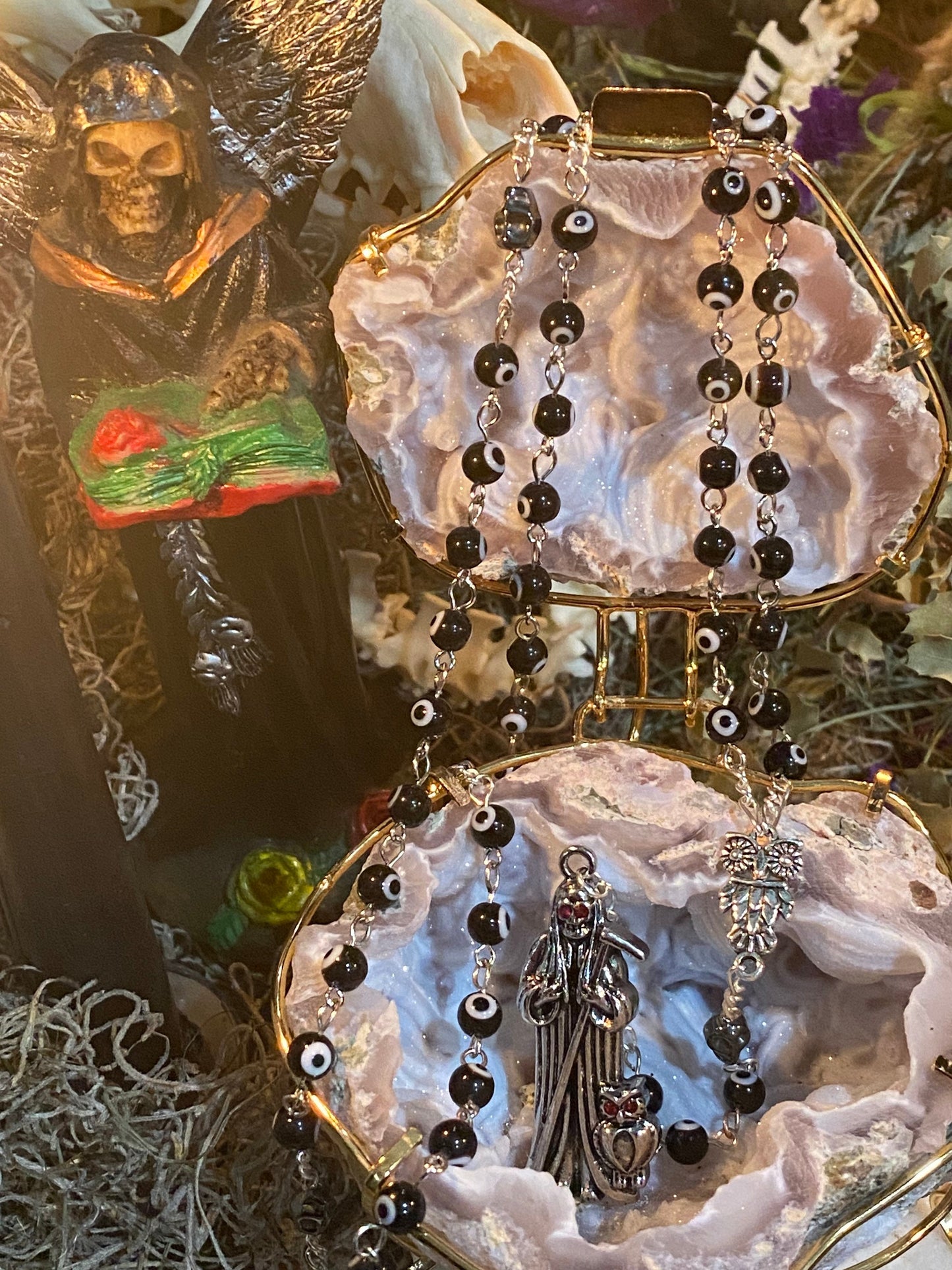 Santa Muerte Negra Evil Eye Rosary + Sterling Silver Plated Chain + Handcrafted + Rosario