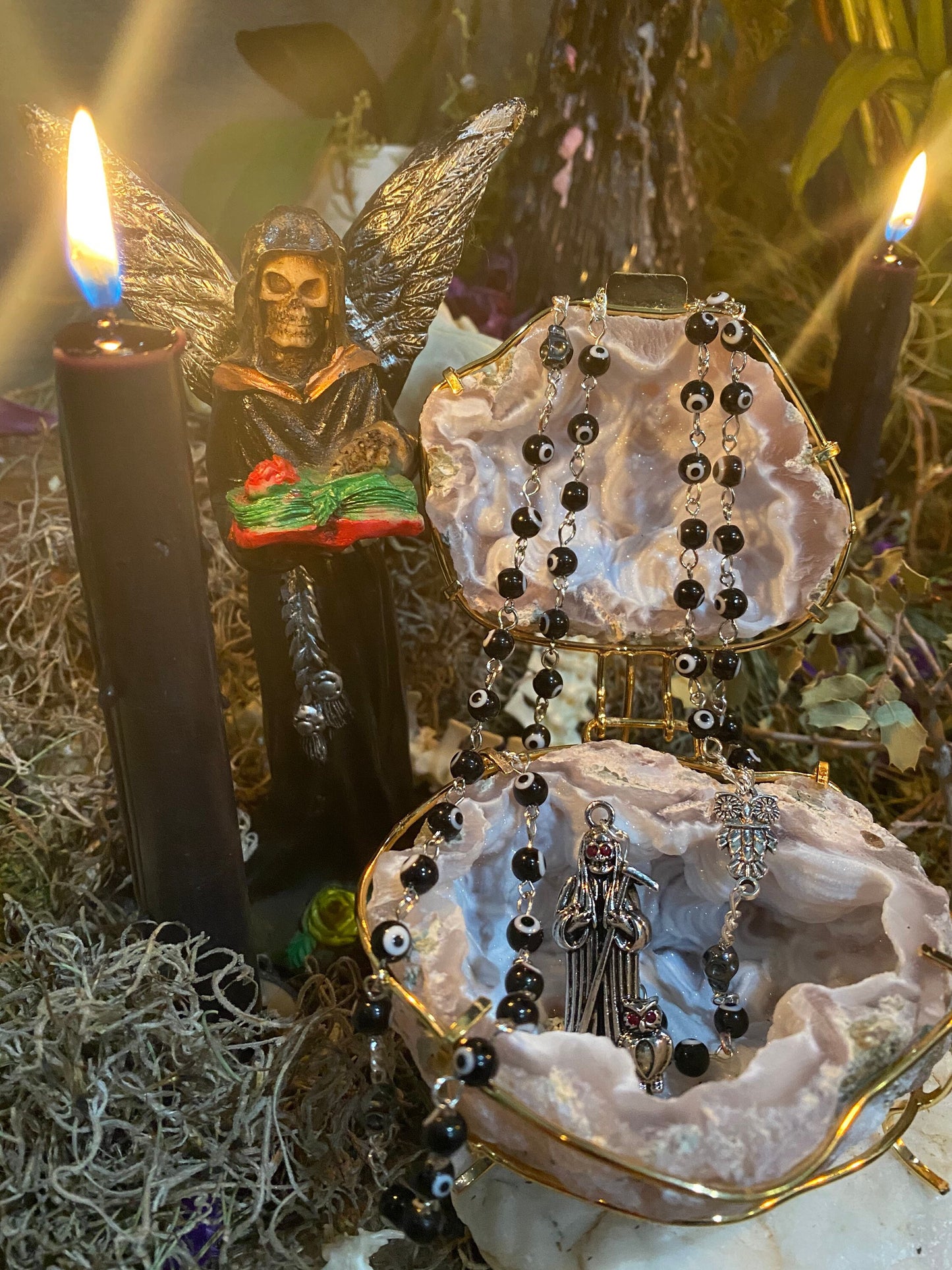 Santa Muerte Negra Evil Eye Rosary + Sterling Silver Plated Chain + Handcrafted + Rosario