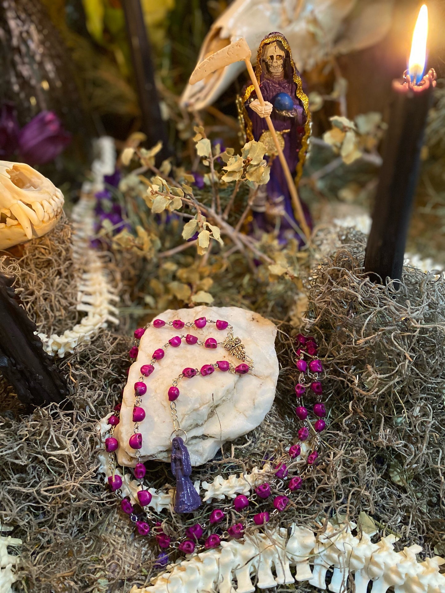 Santa Muerte Morada Rosary + Purple + Blessed + Sterling Silver Plated Chain + Handcrafted + Rosario