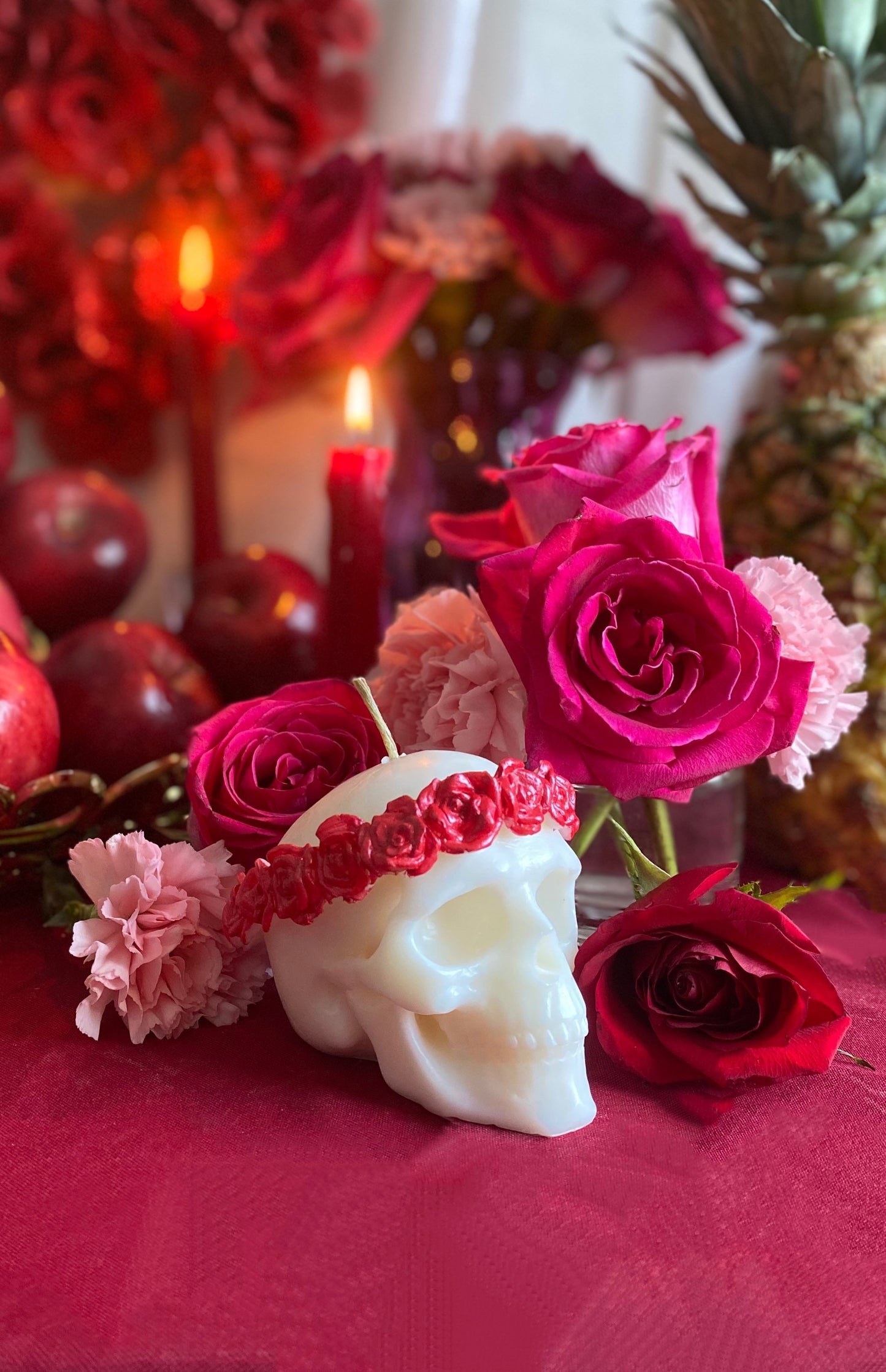Skull Candle with Red Roses + Hand Painted