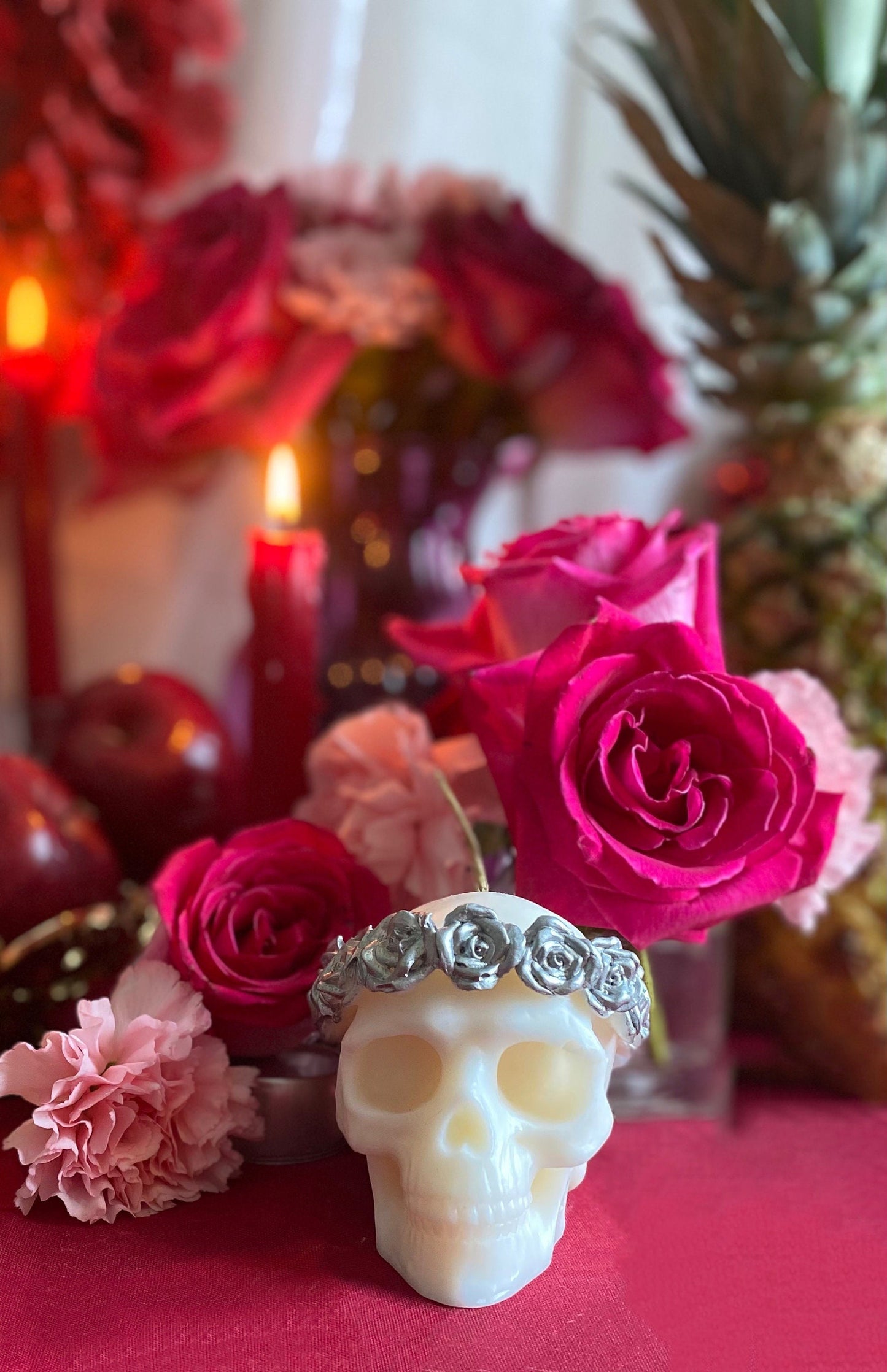 Skull Candle with Metallic Roses + Hand Painted