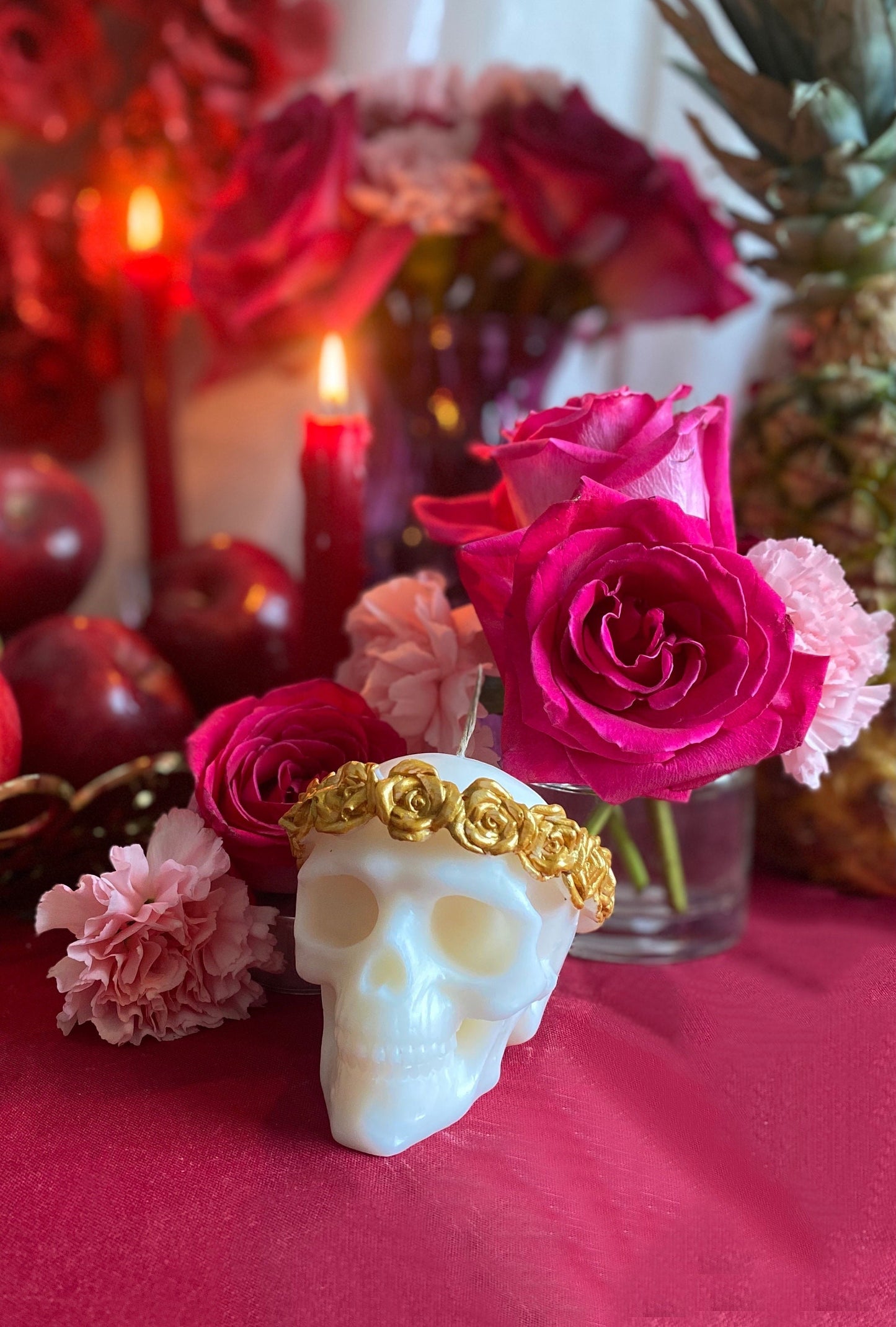 Skull Candle with Metallic Roses + Hand Painted