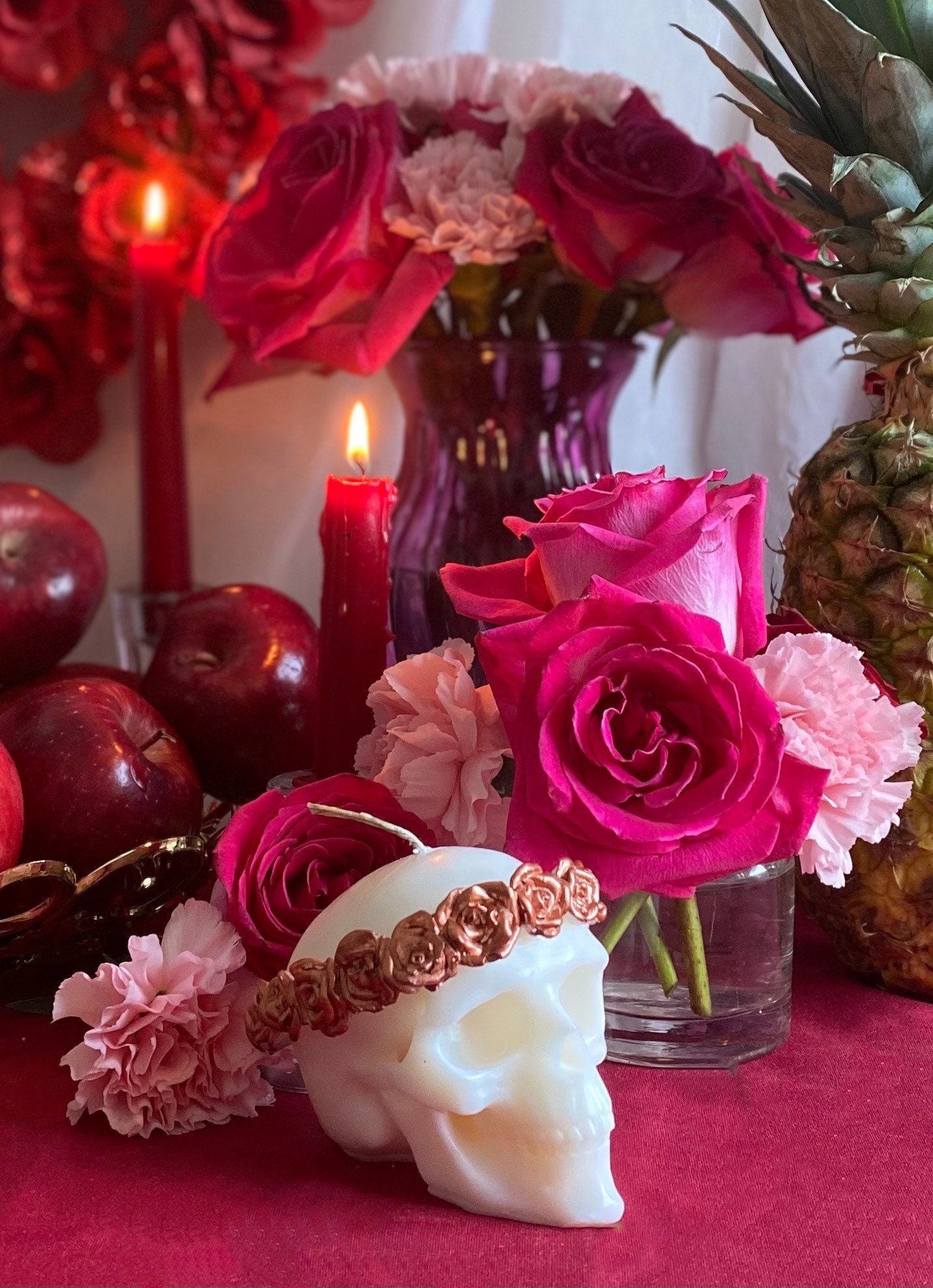 Skull Candle with Metallic Roses + Hand Painted