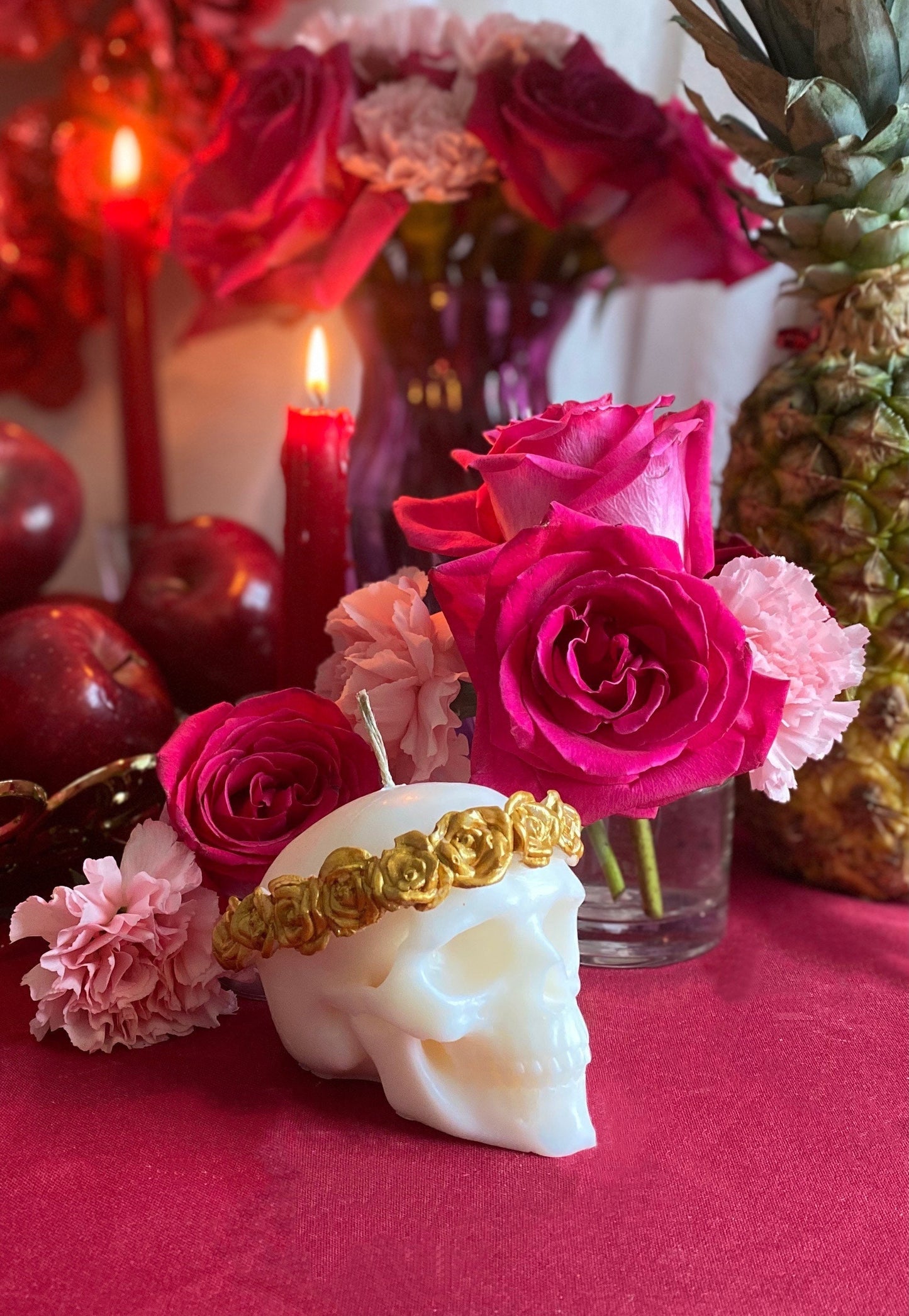 Skull Candle with Metallic Roses + Hand Painted