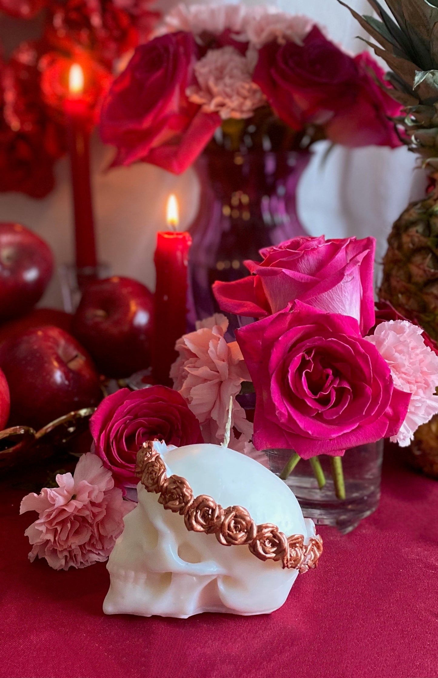 Skull Candle with Metallic Roses + Hand Painted