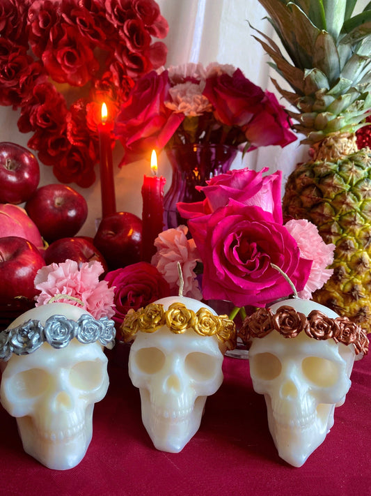Skull Candle with Metallic Roses + Hand Painted
