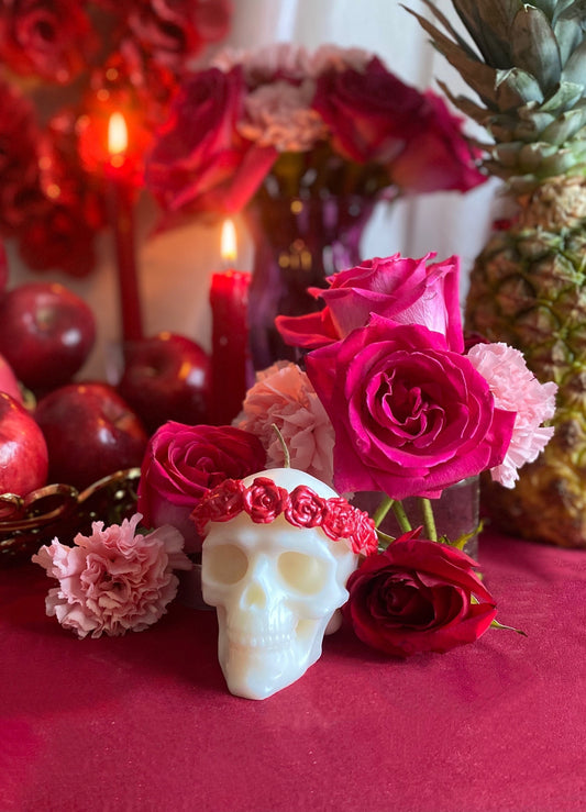Skull Candle with Red Roses + Hand Painted