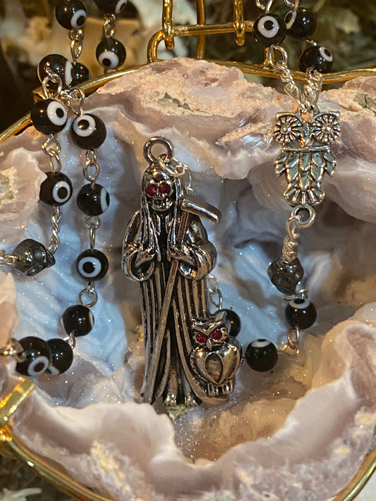 Santa Muerte Negra Evil Eye Rosary + Sterling Silver Plated Chain + Handcrafted + Rosario