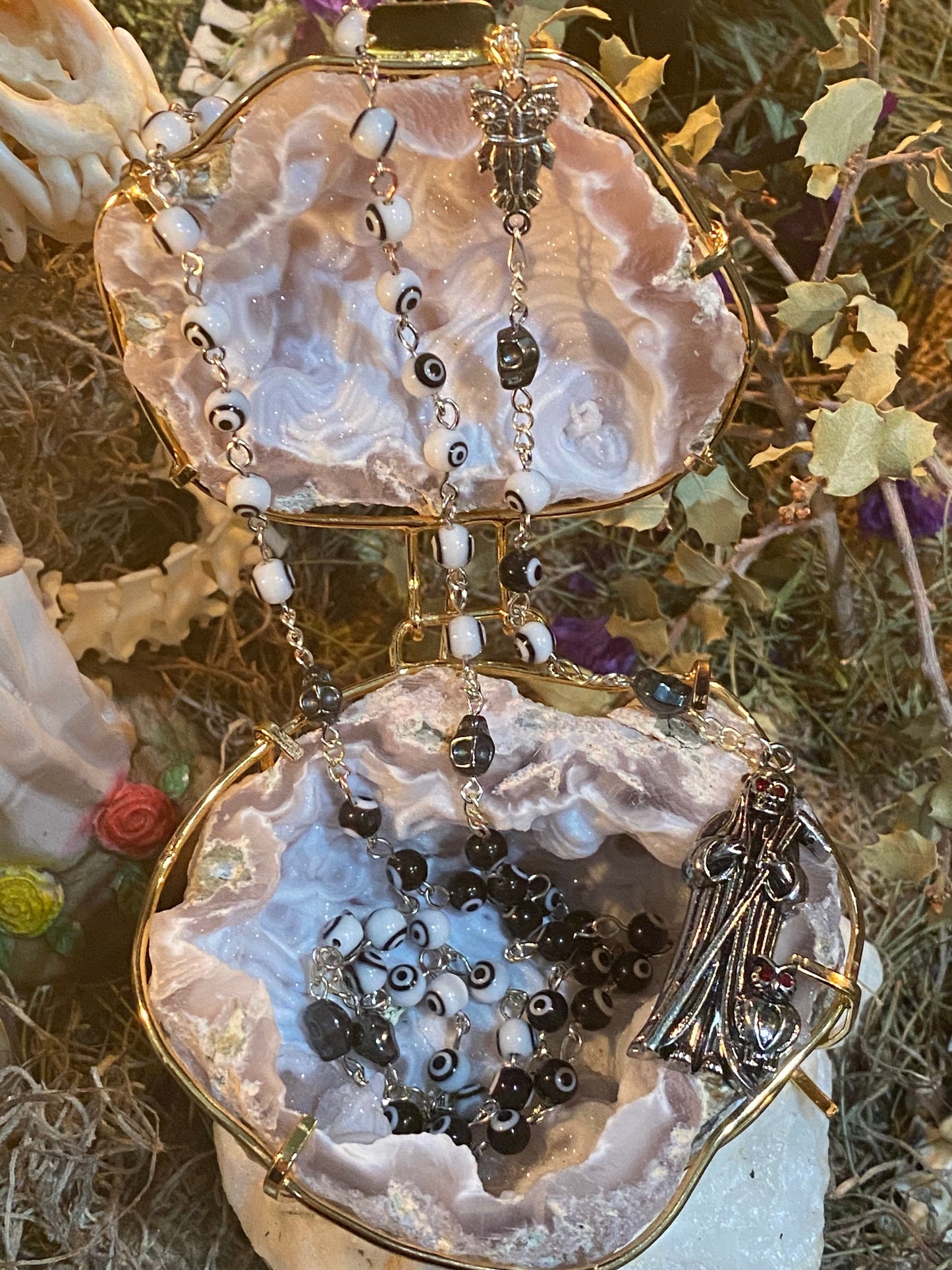 Santa Muerte Negra y Blanca Uncrossing Evil Eye Rosary + Blessed + Sterling Silver Plated Chain + Handcrafted + Rosario
