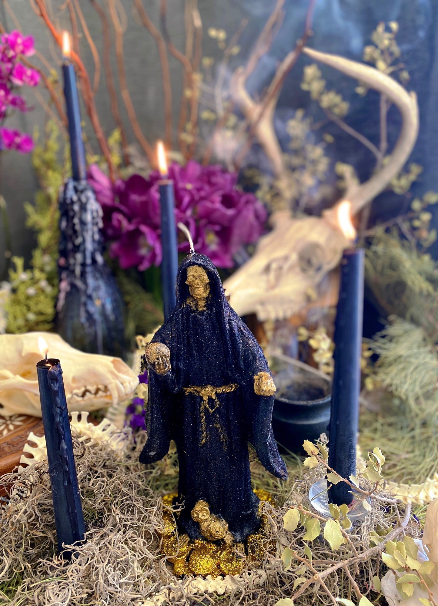 Santa Muerte Negra Figure Candle + 24K Gold + Baptized + Blessed + Fixed