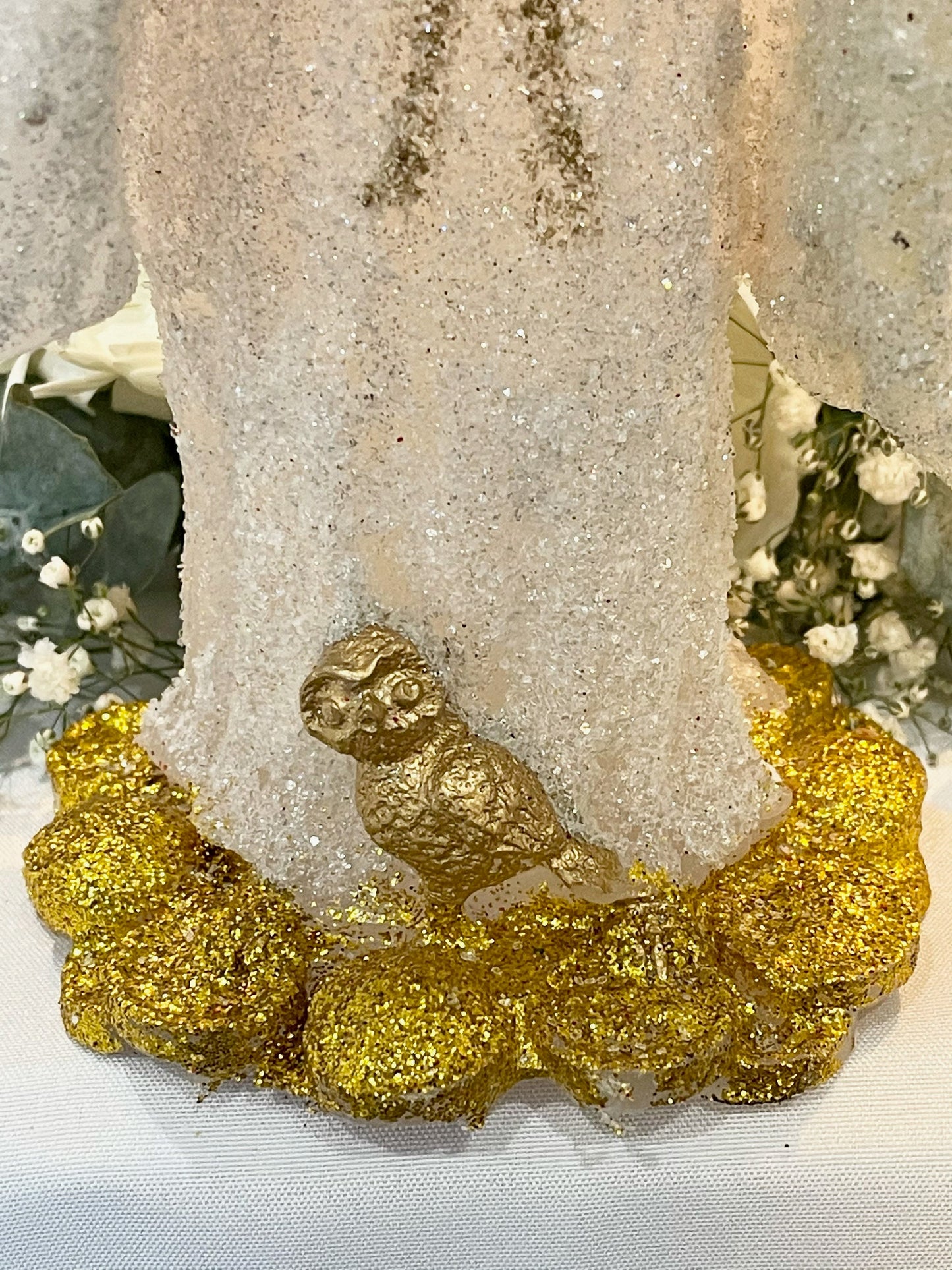 Santa Muerte Blanca Figure Candle + 24K Gold + Baptized + Blessed + Fixed + Purity + Cleansing + Psychic + Healing