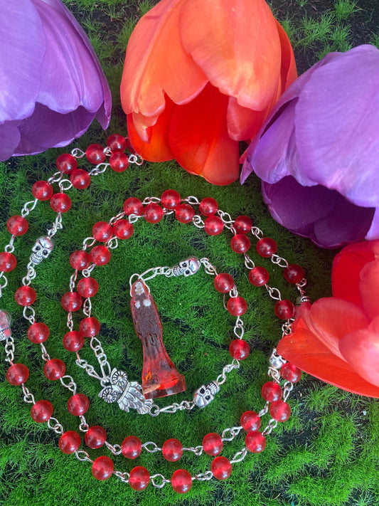 Santa Muerte Roja Rosary + Red Carnelian + Blessed + Sterling Silver Plated Chain + Gemstone + Handcrafted + Rosario