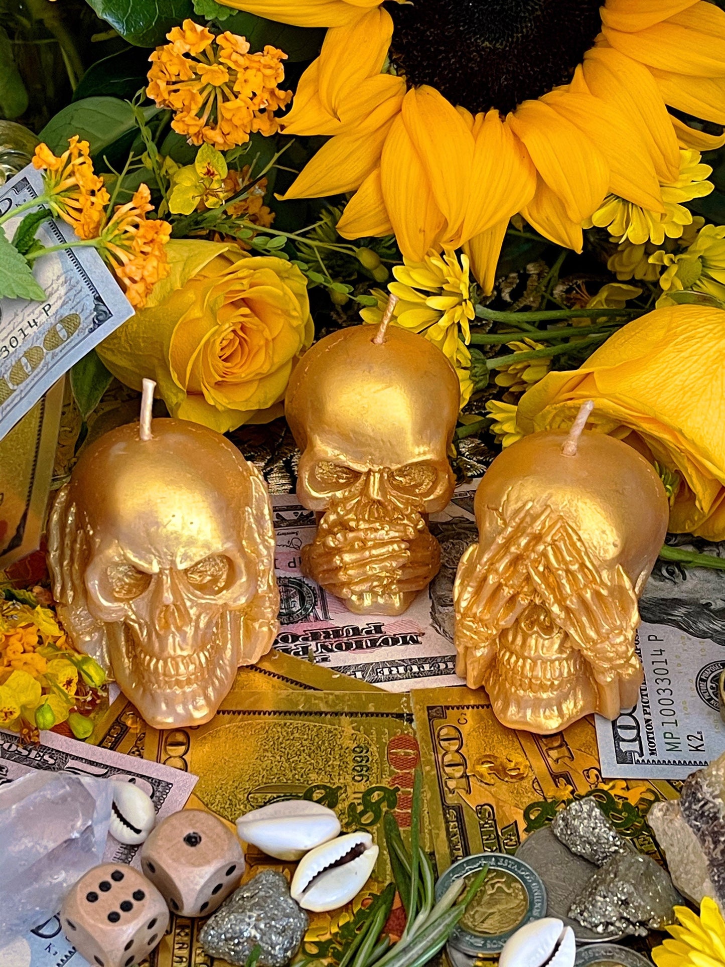 Three Wise Skulls Candle Set + Hear No Evil + See No Evil + Speak No Evil + Stop Jealousy & Gossip + Hide Spells + Santa Muerte