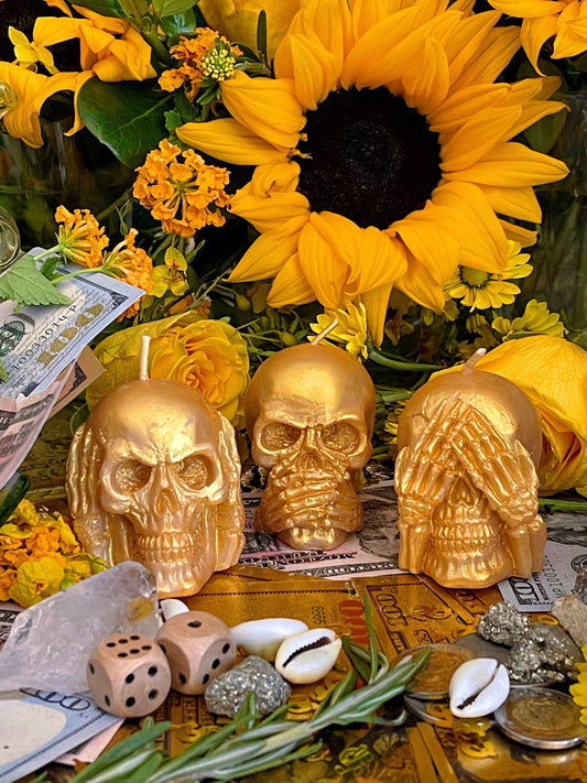 Three Wise Skulls Candle Set + Hear No Evil + See No Evil + Speak No Evil + Stop Jealousy & Gossip + Hide Spells + Santa Muerte