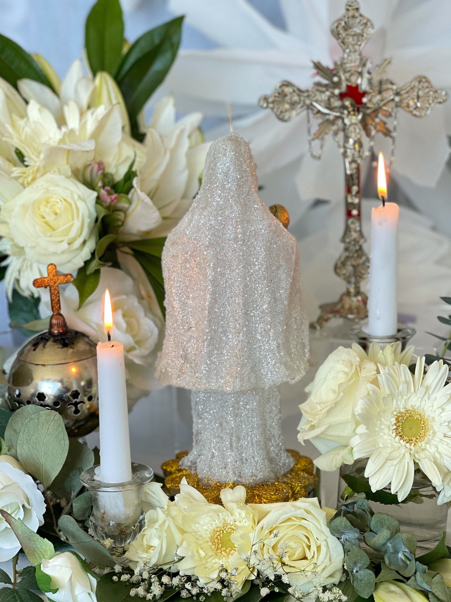 Santa Muerte Blanca Figure Candle + 24K Gold + Baptized + Blessed + Fixed + Purity + Cleansing + Psychic + Healing