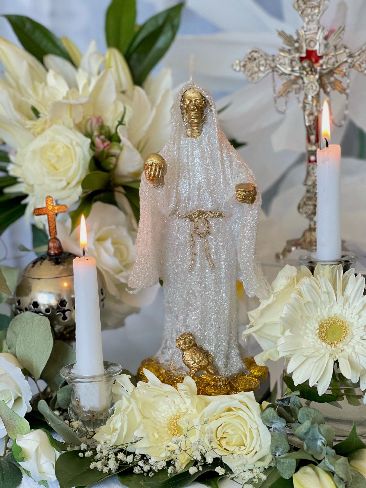 Santa Muerte Blanca Figure Candle + 24K Gold + Baptized + Blessed + Fixed + Purity + Cleansing + Psychic + Healing