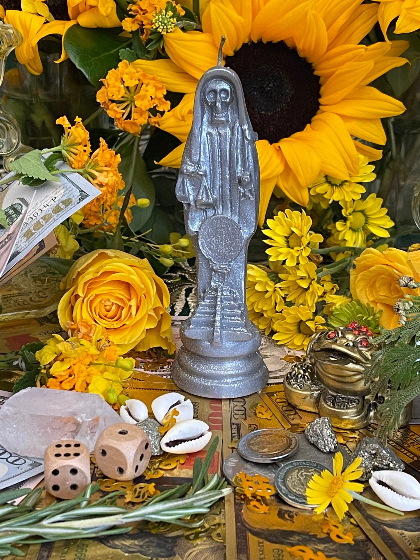 Santa Muerte Plata Figure Candle + Sterling Silver + Improve Finances + Gambling