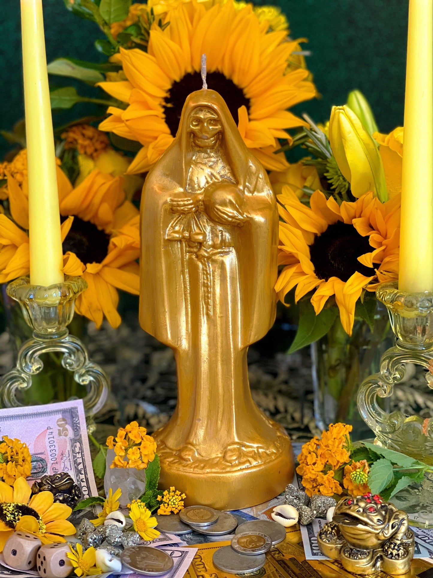 Santa Muerte Dorada / Oro Candle + Blessed + 24K Gold + Money + Abundance