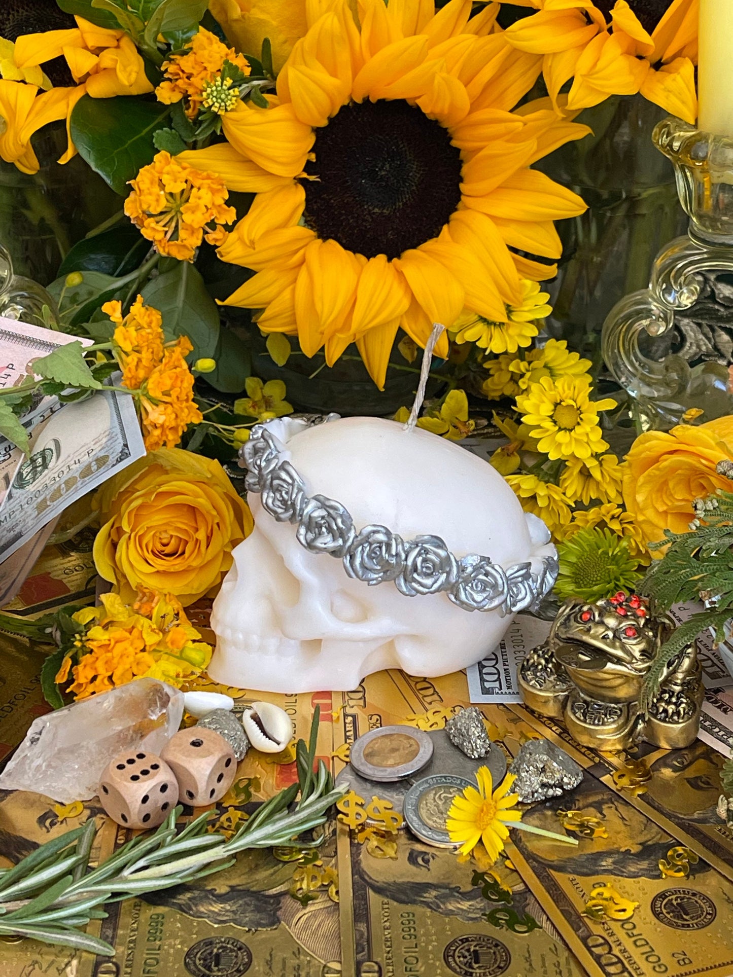 Skull Candle with Silver Roses + Hand Painted