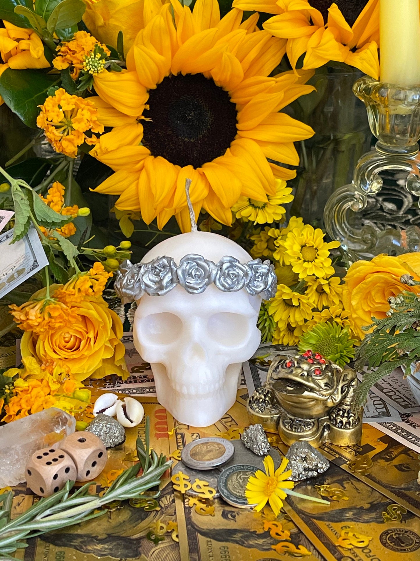 Skull Candle with Silver Roses + Hand Painted