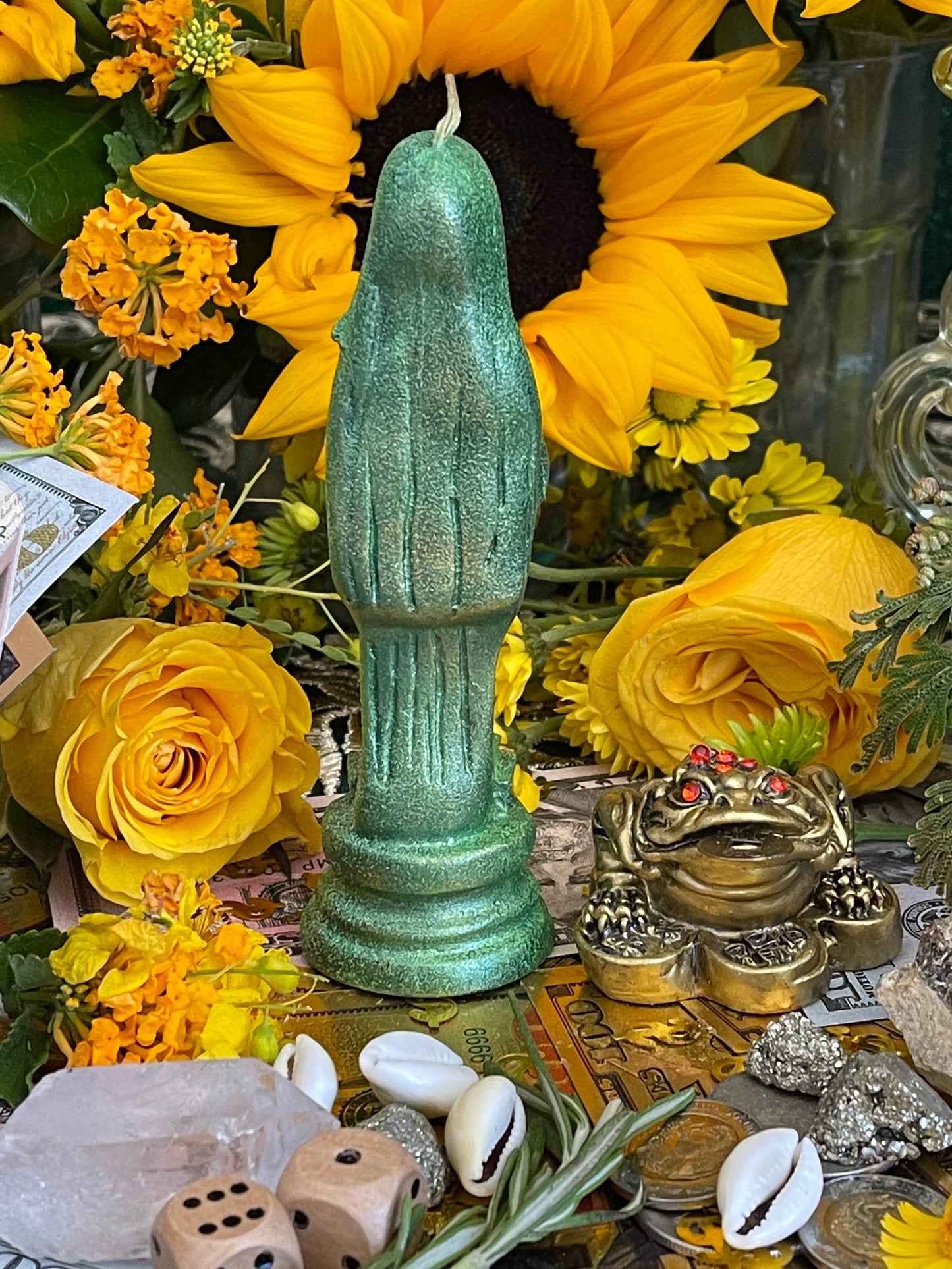 Santa Muerte Verde Figure Candle + Green + Money + Justice