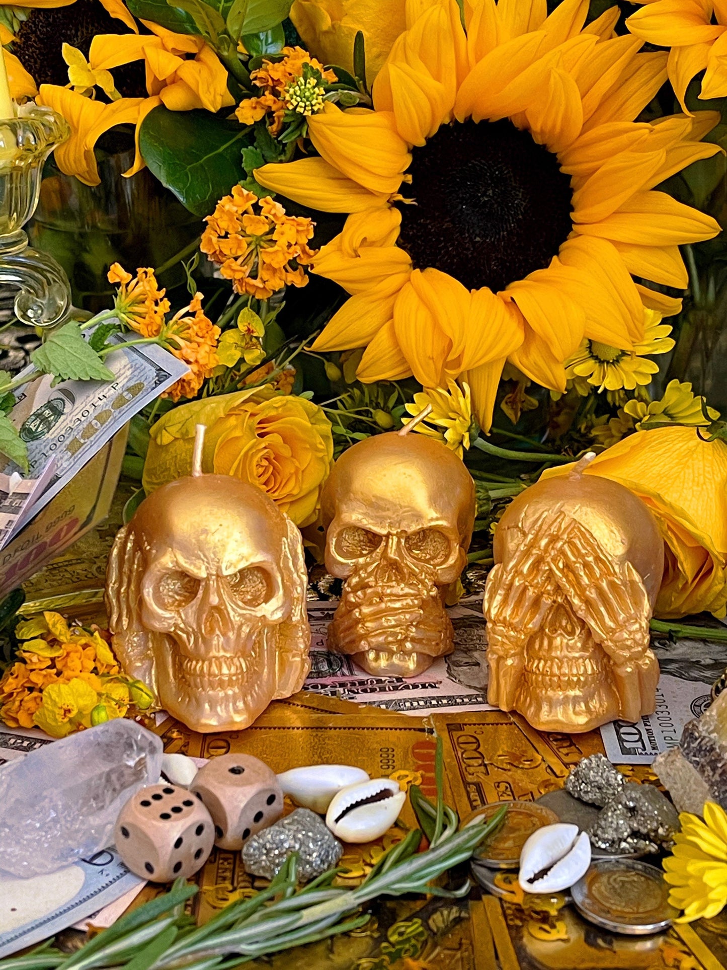 Three Wise Skulls Candle Set + Hear No Evil + See No Evil + Speak No Evil + Stop Jealousy & Gossip + Hide Spells + Santa Muerte