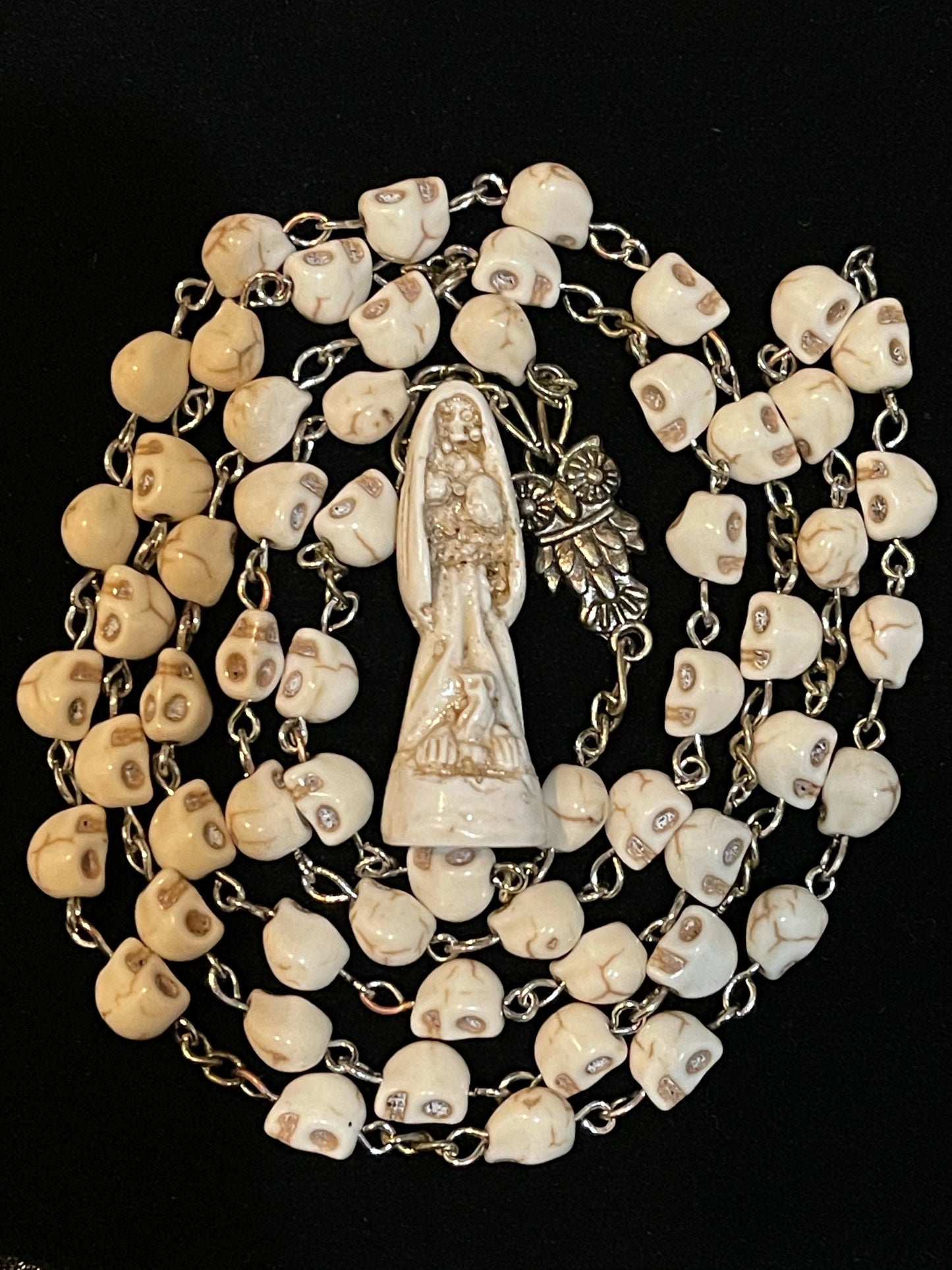 Santa Muerte Huesa (Bone) Rosary + Sterling Silver Plated Chain + Handcrafted + Blessed + Rosario