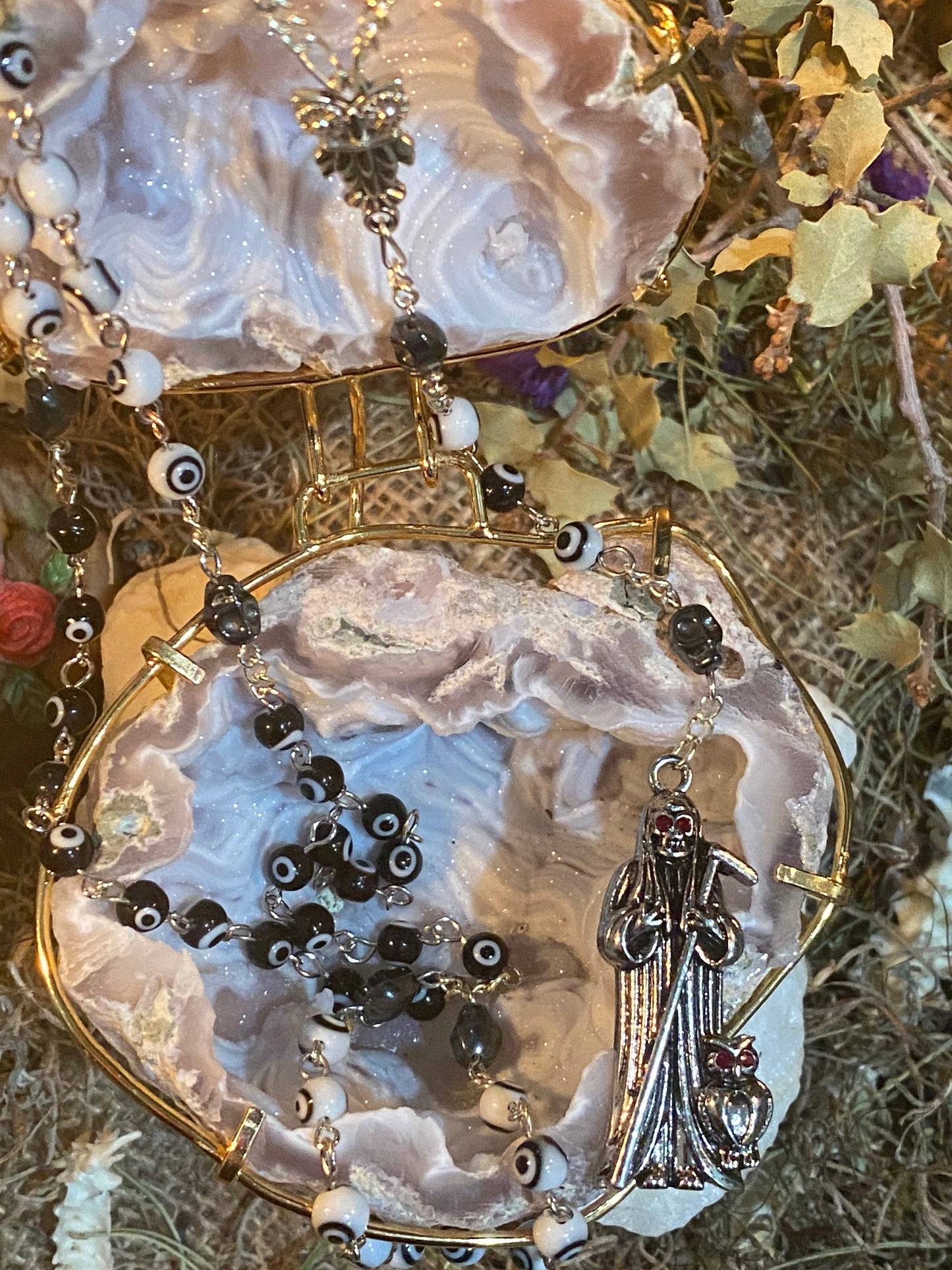 Santa Muerte Negra y Blanca Uncrossing Evil Eye Rosary + Blessed + Sterling Silver Plated Chain + Handcrafted + Rosario