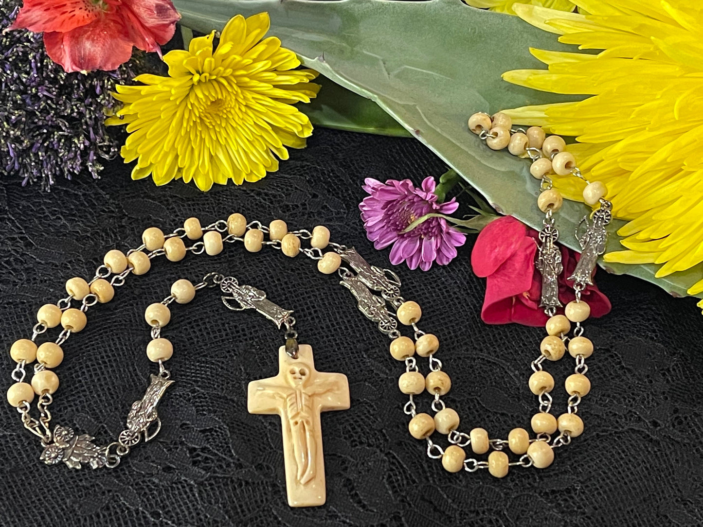 Santa Muerte Huesa Rosary with Bone Beads & Cross + Blessed + Sterling Silver Plated Chain + Handcrafted + Rosario