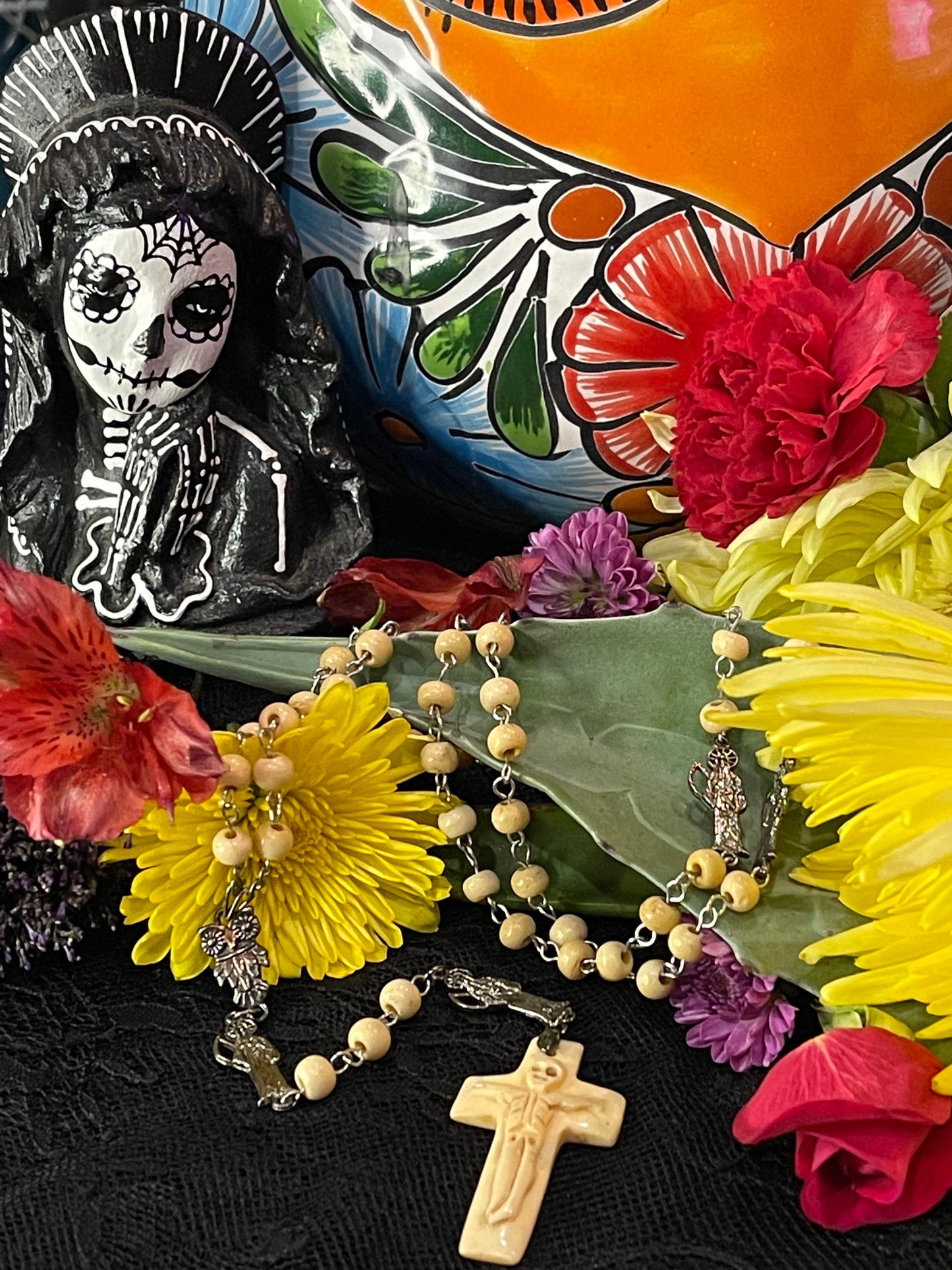 Santa Muerte Huesa Rosary with Bone Beads & Cross + Blessed + Sterling Silver Plated Chain + Handcrafted + Rosario