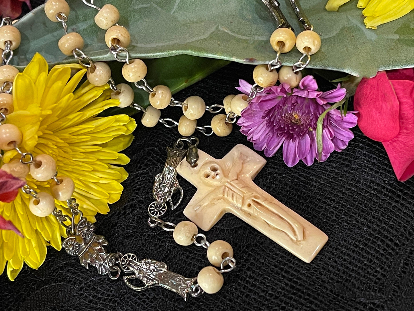 Santa Muerte Huesa Rosary with Bone Beads & Cross + Blessed + Sterling Silver Plated Chain + Handcrafted + Rosario
